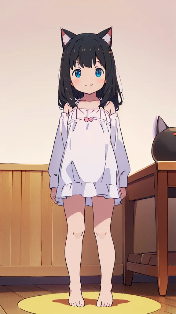 ((masterpiece))((Highest quality))Cat ear、girl、smile、blush、Flat Chest、Are thin、、low length、Black Hair、Leg-length hair、Embarrassed、Are standing、Whole body image、Even your toes are visible、Eye level on face、front、No background、mayonnaise、真frontのアングル