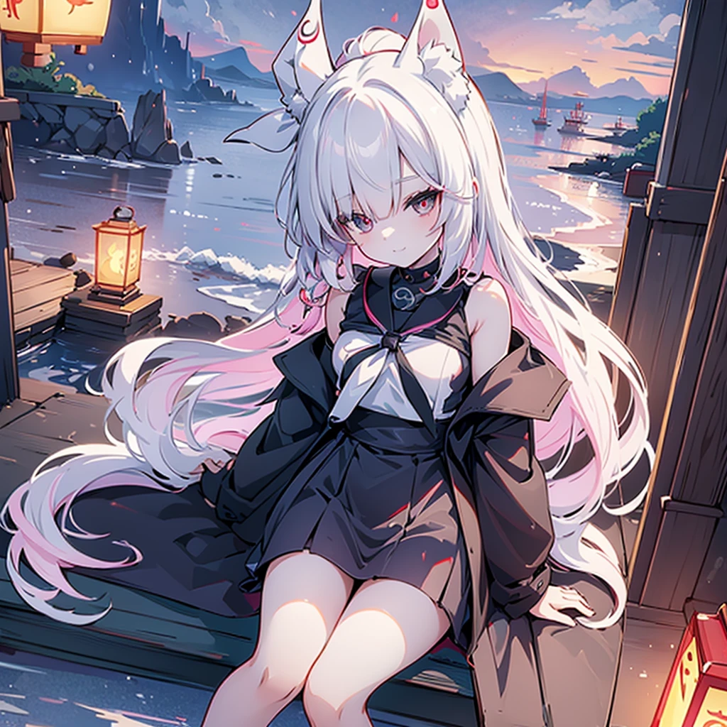 ((masterpiece)), ((Best Quality)), (Ultra-detailed), Anime style, Cute , 1girl in, Solo, 8k , fox maiden, shrine, maiden, black color fur, miko clothing, fox ears, night, lanterns, pink hair color, , blood red eyes, smirk