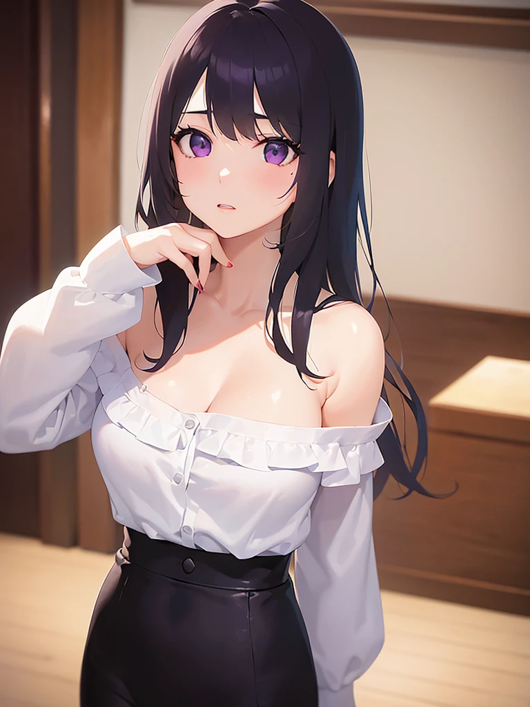 best quality, masterpiece, emilie_t8, off shoulder,Pink Tank Top、Shorts、Embarrassed、A sad sidelong glance、A room bathed in pale moonlight、Lying in bed、Long Hair、cute、Black Hair、One Woman