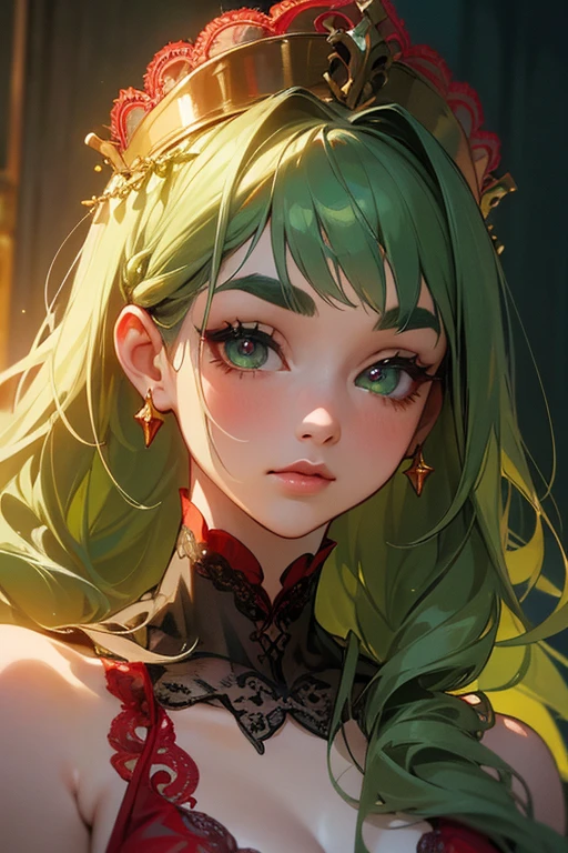 (Highest quality, masterpiece:1.2), High resolution, Very detailed, Realistic:1.37, Fantasy, An illustration, Green Eyes、Queen, ((Red lace swimsuit)).Platinum decoration、beautifully、Eyeshadow Red、Thick eyebrows、Long eyelashes、pupils are black、Her hair is dark green、Gold crown、Kissing Face、Embarrassing、Beloved by the crowd、Hair is green、Braiding、hair ornaments、Keep the image of your face、((sleep)).