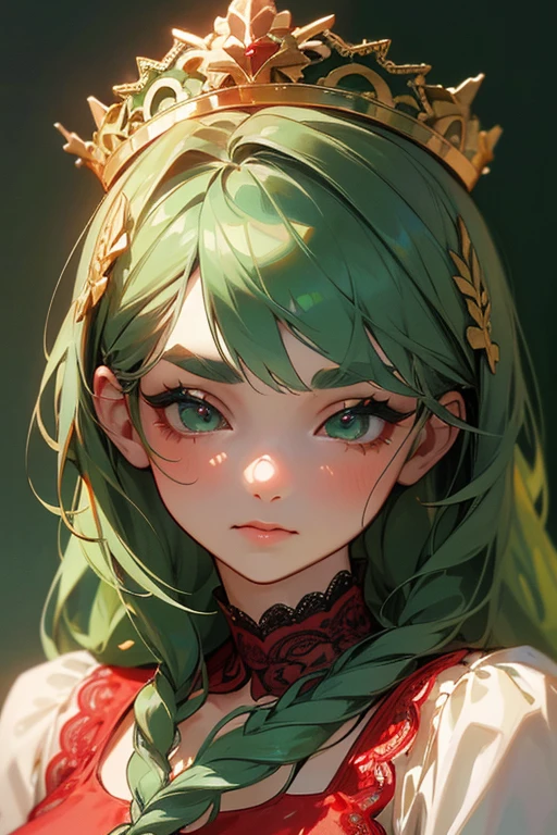 (Highest quality, masterpiece:1.2), High resolution, Very detailed, Realistic:1.37, Fantasy, An illustration, Green Eyes、Queen, ((Red lace swimsuit)).Platinum decoration、beautifully、Eyeshadow Red、Thick eyebrows、Long eyelashes、pupils are black、Her hair is dark green、Gold crown、Kissing Face、Embarrassing、Beloved by the crowd、Hair is green、Braiding、hair ornaments、Keep the image of your face、((sleep)).