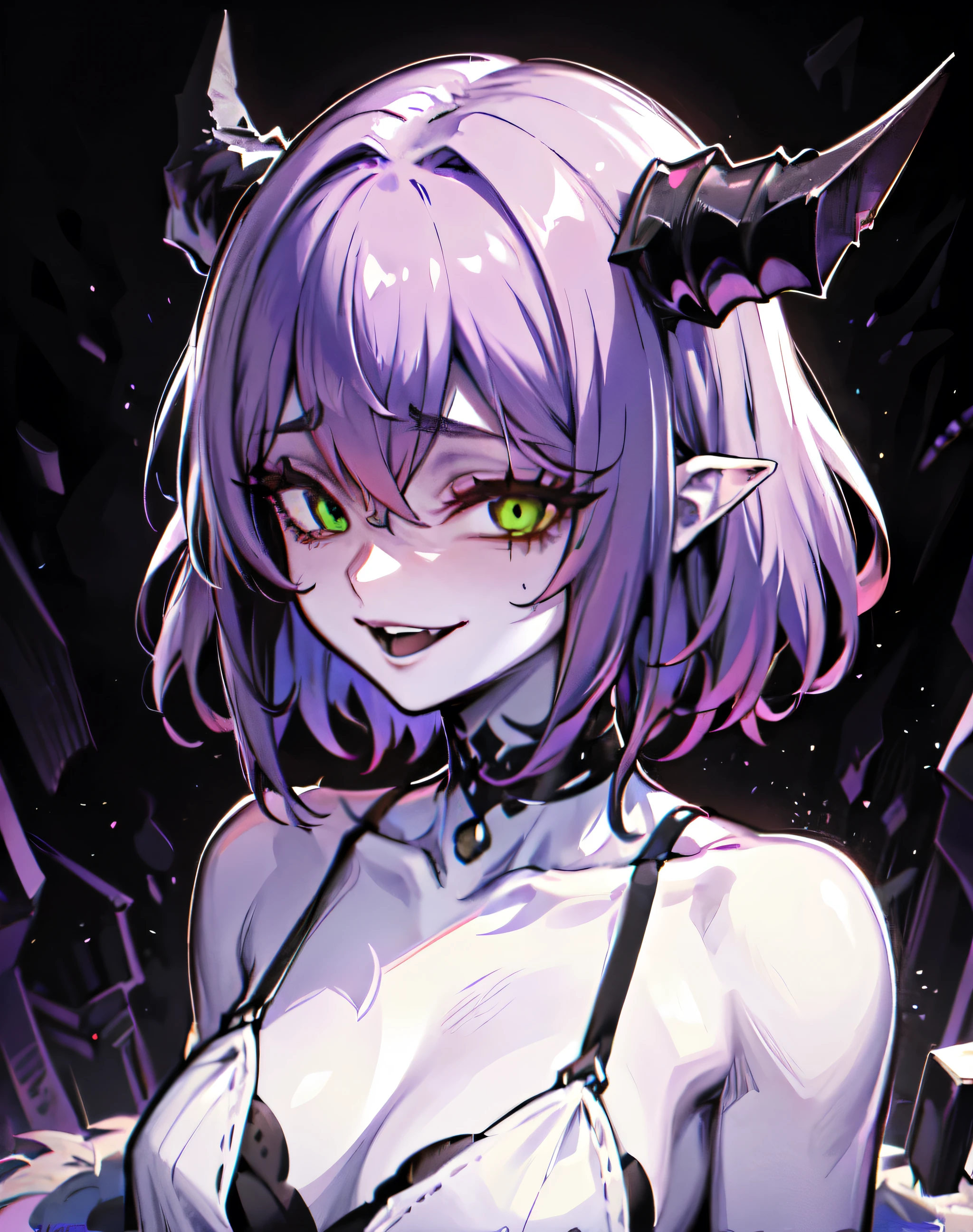 1boy, a man, green eyes, smile, (purple hair:1.2), short fluffy hair, ful, horns, black horns, despair, haunting, collarbone, thorns,hair between eyes, yoshitaka amano character design, style by NTY, morbid, solo (gesugao), gesugao facial expression, sadimile, big
