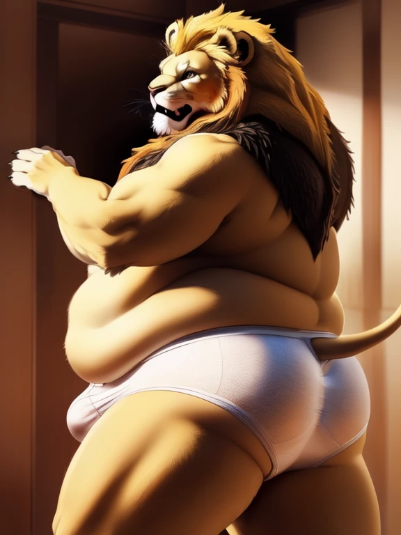 cute, (Obese, Overweight male, anthro, lion), (detailed eyes, detailed mouth), big bulge, y-front briefs, bright lighting, background effects, anime style, centered, approaching perfection, dynamic, highly detailed, sharp focus 
