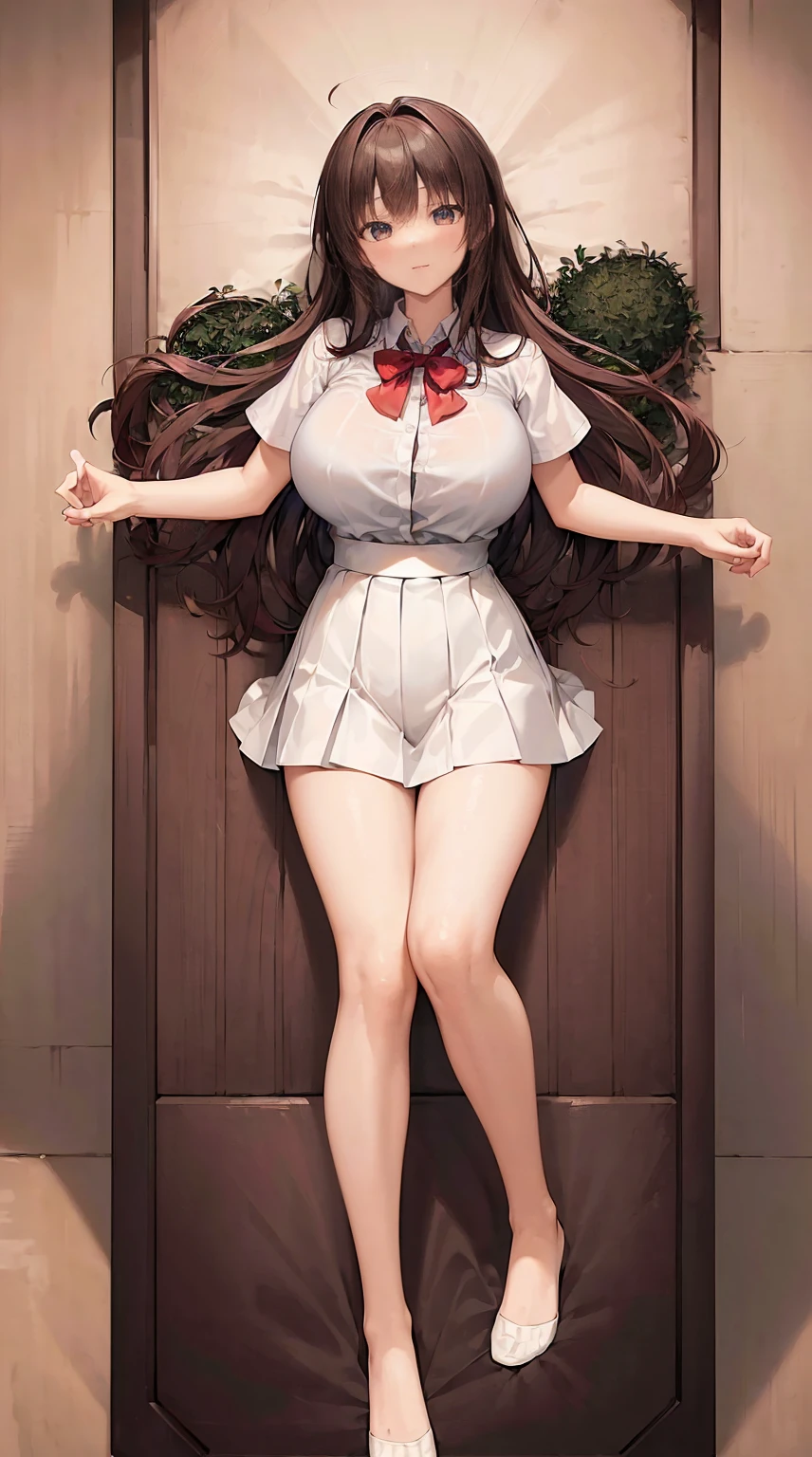 (((Masterpiece,detailed, super high quality,In 4K,Highest qualityの高品質:1.5))), (extremely detailed, Finely detaileded:1.3), (Attractive photos,Highest quality, In 4K, 8K, High resolution,Precise human body:1.3),(Boobs Close-up),whole body,From above(Beautiful woman,Beautiful face line,Feminine body lines,Beautiful red hair,Twin tails,Beautiful brown eyes:0.7)(Huge boobs,impossible cloth)(looking at the camera)(Perfect garment,,White shirt,Mini Pleated Skirt,taut cloth,undersized,),storehouse