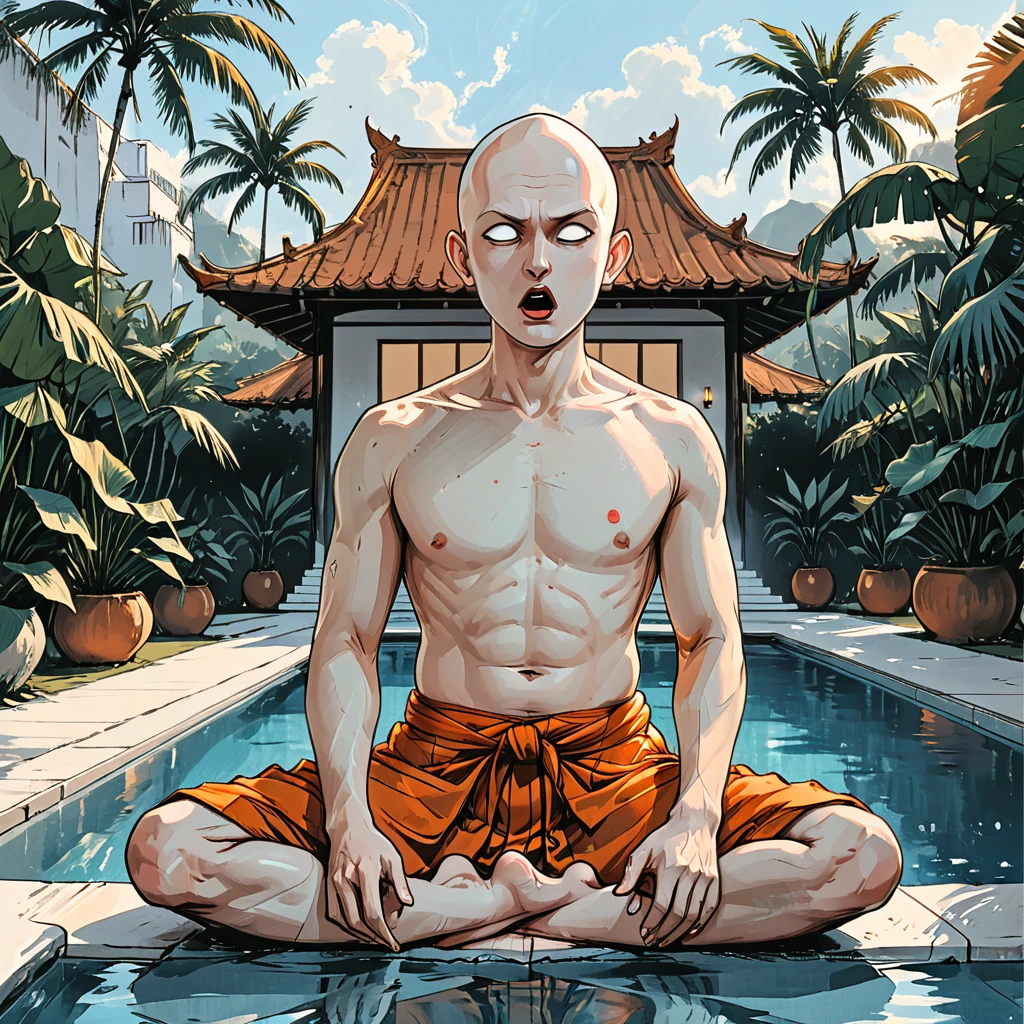 (((open mouth))),blind Buddhist monk sitting in lotus position next to the pool at the white hotel, tropical, palm, white hotel, pool, round face, white eyes, no eyebrows, no hair, bald, paw-eared, round cheeks, narrow lips, man, white sclera eyes, Whitewash Eyes, ((orange Kashaya)), graphic style of novel comics, perfect hands, 2d,
8k, hyperrealism, masterpiece, high resolution, best quality, ultra-detailed, super realistic, Hyperrealistic art, high-quality, ultra high res, highest detailed, lot of details, Extremely high-resolution details, incredibly lifelike, colourful, soft cinematic light,
