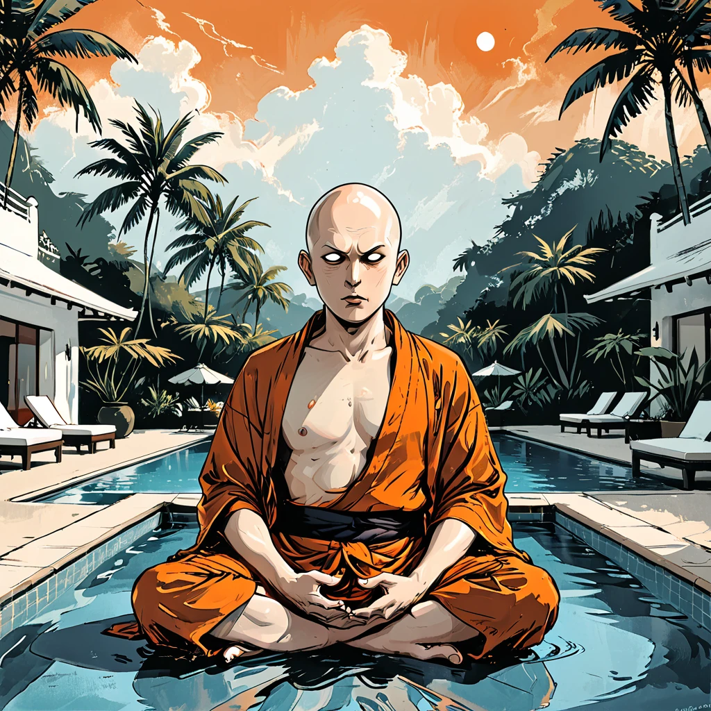 (((open mouth))),blind Buddhist monk sitting in lotus position next to the pool at the white hotel, tropical, palm, white hotel, pool, round face, white eyes, no eyebrows, no hair, bald, paw-eared, round cheeks, narrow lips, man, white sclera eyes, Whitewash Eyes, ((orange Kashaya)), graphic style of novel comics, perfect hands, 2d,
8k, hyperrealism, masterpiece, high resolution, best quality, ultra-detailed, super realistic, Hyperrealistic art, high-quality, ultra high res, highest detailed, lot of details, Extremely high-resolution details, incredibly lifelike, colourful, soft cinematic light,
