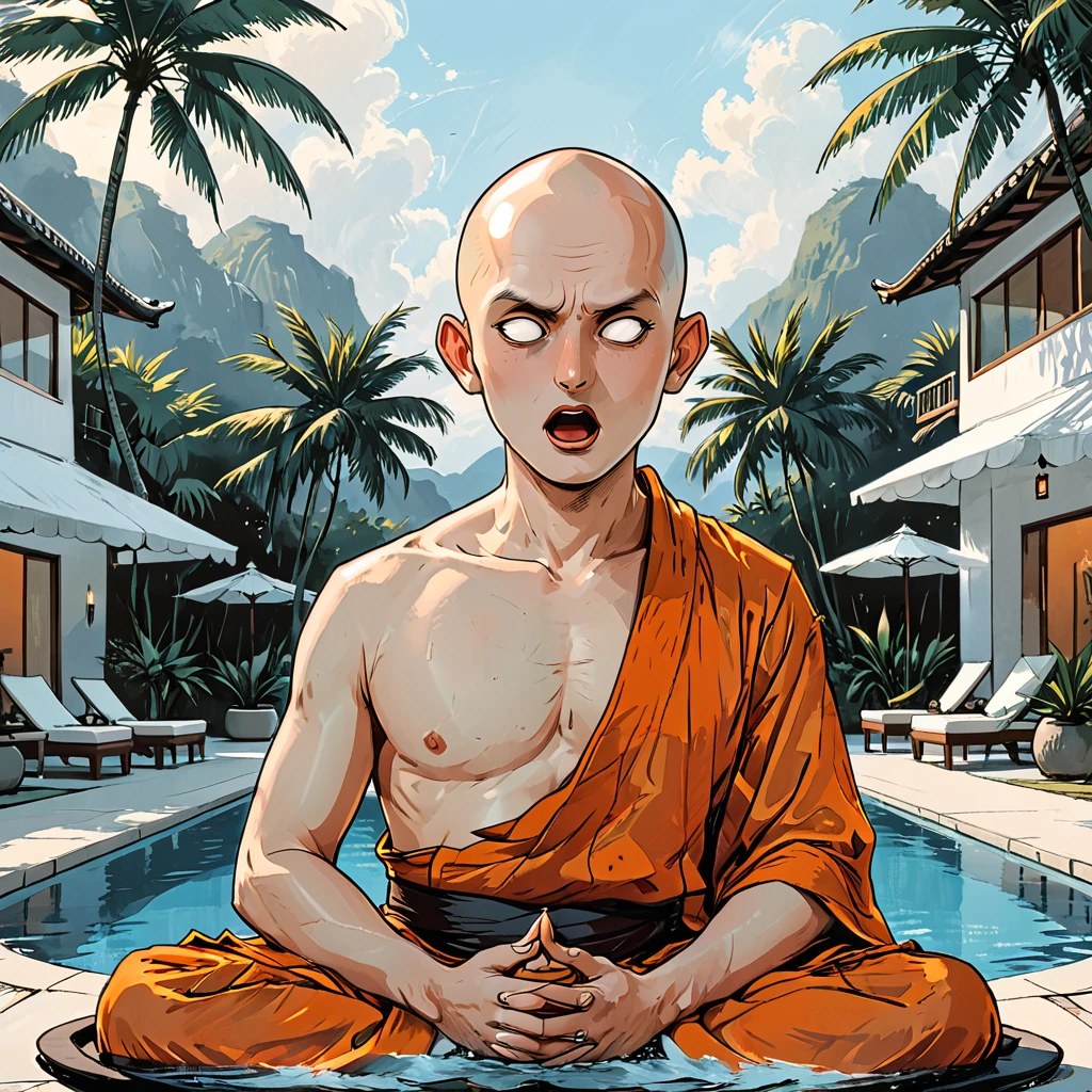 (((open mouth))),blind Buddhist monk sitting in lotus position next to the pool at the white hotel, tropical, palm, white hotel, pool, round face, white eyes, no eyebrows, no hair, bald, paw-eared, round cheeks, narrow lips, man, white sclera eyes, Whitewash Eyes, ((orange Kashaya)), graphic style of novel comics, perfect hands, 2d,
8k, hyperrealism, masterpiece, high resolution, best quality, ultra-detailed, super realistic, Hyperrealistic art, high-quality, ultra high res, highest detailed, lot of details, Extremely high-resolution details, incredibly lifelike, colourful, soft cinematic light,
