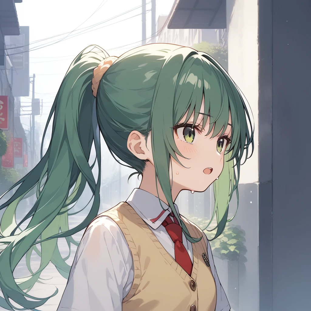 score_9, score_8_up, score_7_up, source_anime, best quality, masterpiece, official art, absurdres, highres, ultra-detailed,waifu2x,Collection: Slice of Life,break,1girl, sonozakimion,green eyes,green hair,long hair,ponytail, red necktie,vest,sweat, open mouth, sleepily,  outdoors, wind,break,(clear line illustration:1.2), super detailed skin,very high resolution, very aesthetic, Best sexual lighting powered by famous artist, 8k,cute picture,beauty illustration,photoshop_(medium),,(Detailed Lighting),best anime 8k konachan wallpaper, pixiv contest winner, 