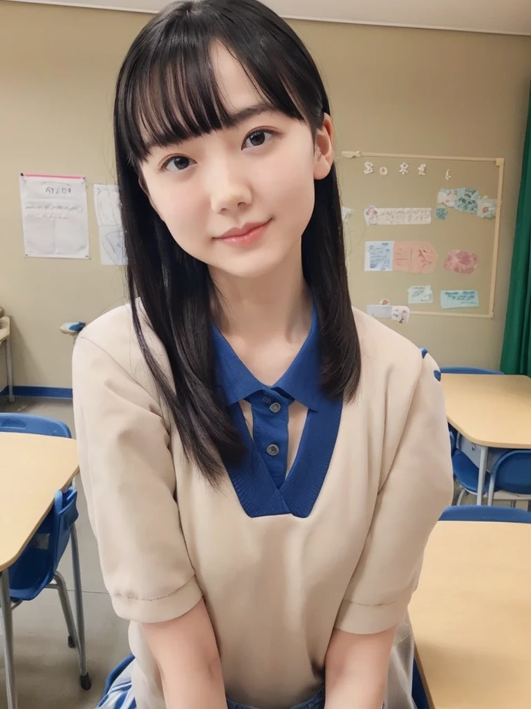 slender girl, (make up:1.1), (ニットセーター:1.2), middle breasts, at school room, (upper body shot:1.1), round face