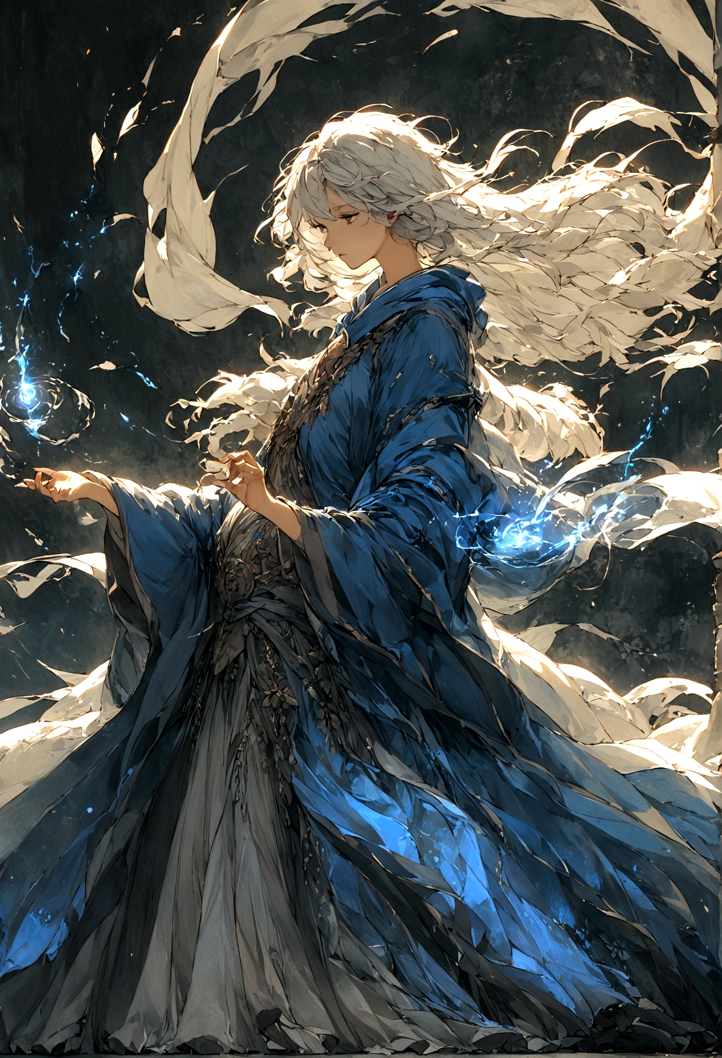 Create an illustration ofA mage garbed in azure robes, their hair dancing in the breeze, their spells conjuring swirling vortexes of wind to buffet their enemies. Their presence is as ephemeral as a passing breeze, yet their spells carry the force of a raging storm. The background must be a wind and several air effect.
