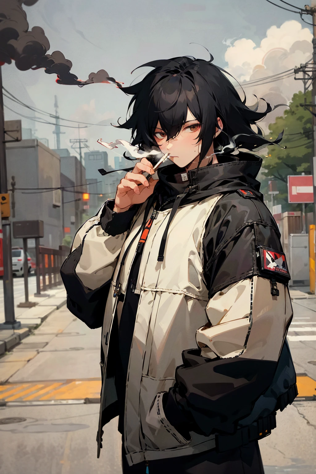1 male, Black Hair, medium length messy hair, Black Pilot, Smoke a cigarette, Loose-fitting clothing, Chill, Urban Background, Detailed Background, Hands at your side, standing on the path,nice、Increase your followers.