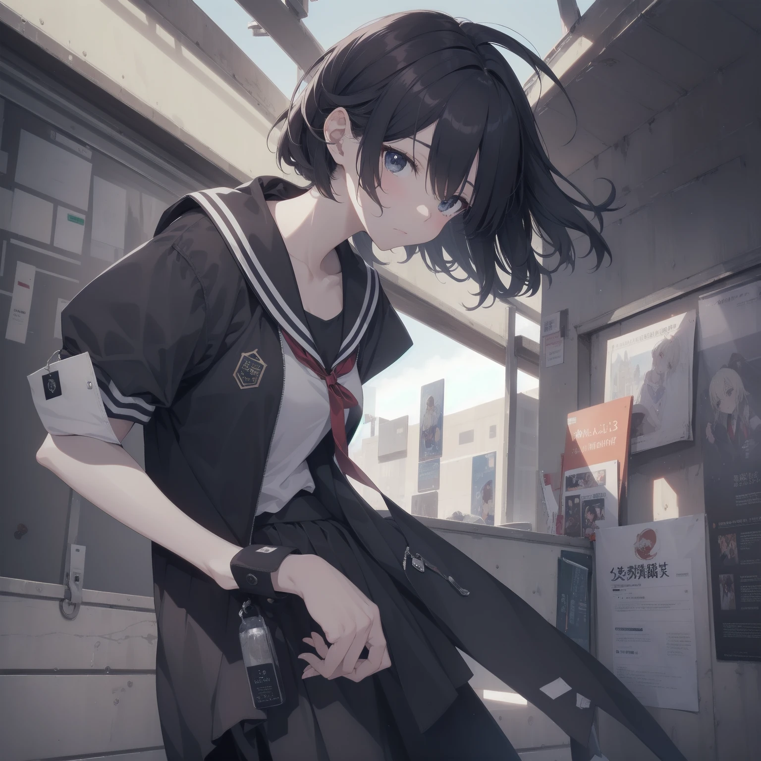 ultra-absurdres-Top quality by artist God, ultra-detailed, high resolution, anime moe artstyle, best anime 8k konachan wallpaper, pixiv contest winner, pool:2810, perfect anatomy,break, 1girl, (Please draw a girl walking sleepily to school alone. )break,(Solo,little female, 13-year-old:1.3),Full limbs, complete fingers,a junior high school student, (very short hair), short cut, flat chest, , small butt, small black eyes, beautiful detailed eyes, well-proportioned iris and pupils, expressive eyes, highres detailed hair, soft expression, salor school_uniform, sailor collar, serahuku, bow, pleated skirt,(Detailed Lighting), (Detailed background), in the School commute route. break,super detailed skin, Best cinematic lighting powered by famous artist, 8k,beauty illustration,photoshop_(medium),very aesthetic,break,((artist:yamamoto_souichirou )), artist:clamp ,artist:carnelian ,artist:kantoku ,