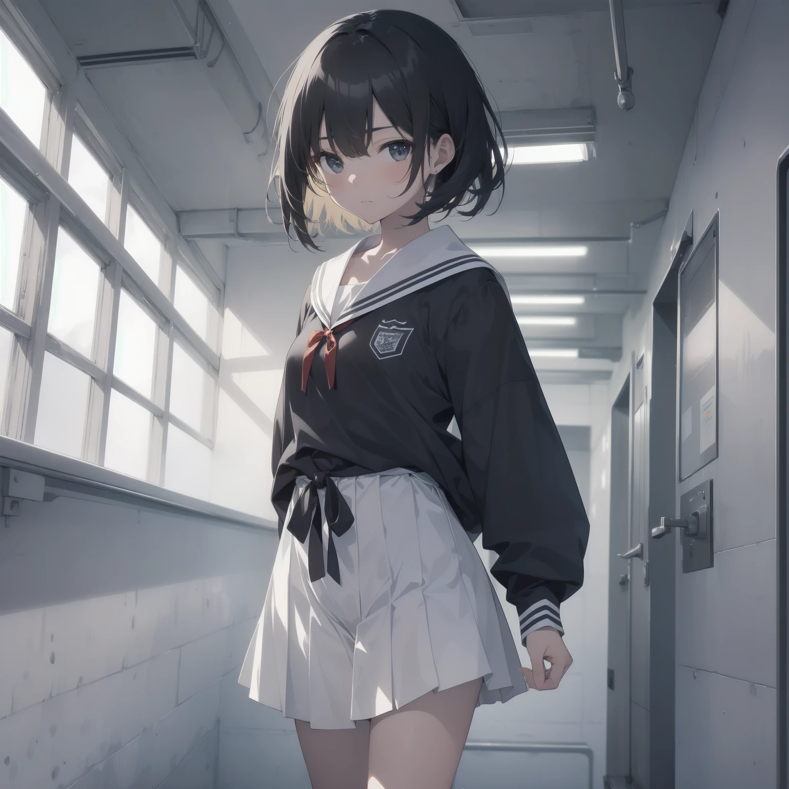 ((top quality, ultra-detailed,high resolution,extremely detailed CG,unity 8k wallpaper, by famous artist, perfect anatomy, super detailed skin, cinematic lighting, UHD, retina, anatomically correct, 1080P)),break,(Please draw a girl walking sleepily to school. :1.3),break, 1girl, (Solo,Loli face,-yeld:1.a junior hinous charm, (Very Short hair), Full limbs, complete fingers,flat chest, Small butt, groin, Beautiful detailed black eyes, disgusted eye, school Uniform, (Detailed Lighting), (Detailed background), (in the school zone),