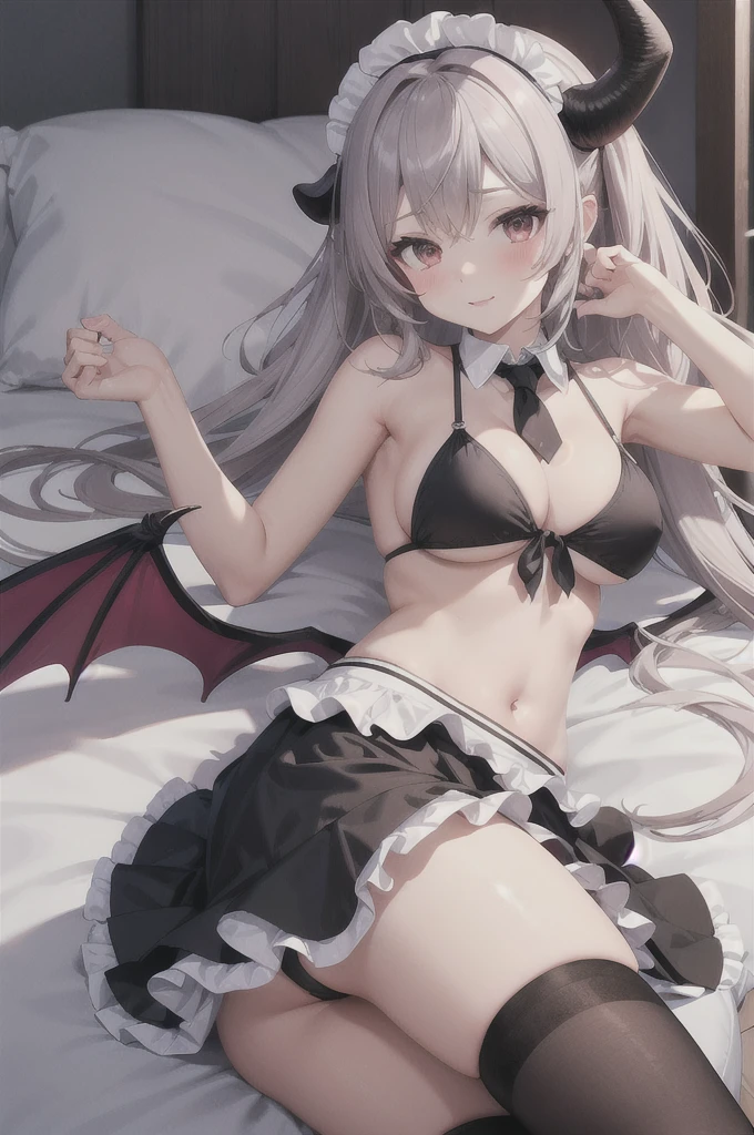 10th Generation,A beautiful woman,Beautiful breasts,Moe,Succubus,bat wings on the back,,Cow horns on the side of the head,Peach front tie bikini top,Ruffled apron dress,Headdress,Maid,Black knee socks