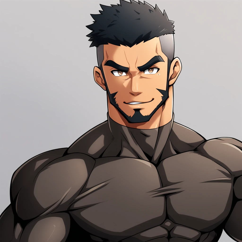 anime characters:Gyee, Muscle Sports Student, negro black skin, 1 dark skin muscular tough guy, Manliness, male focus, Brown long-sleeved high-neck fitness tights, Very tight, Round, full and perky chest muscles, Perfect waist line, Slightly transparent, muscular male, muscular, only, Upper body, alone, Black short hair, Thick eyebrows, stubble, Brown eyes, Grey background, simple background, amazing quality, best aesthetics, Ridiculous, bright pupils, crew cut, parted lips, seductive smile, torogao, naughty face, best quality