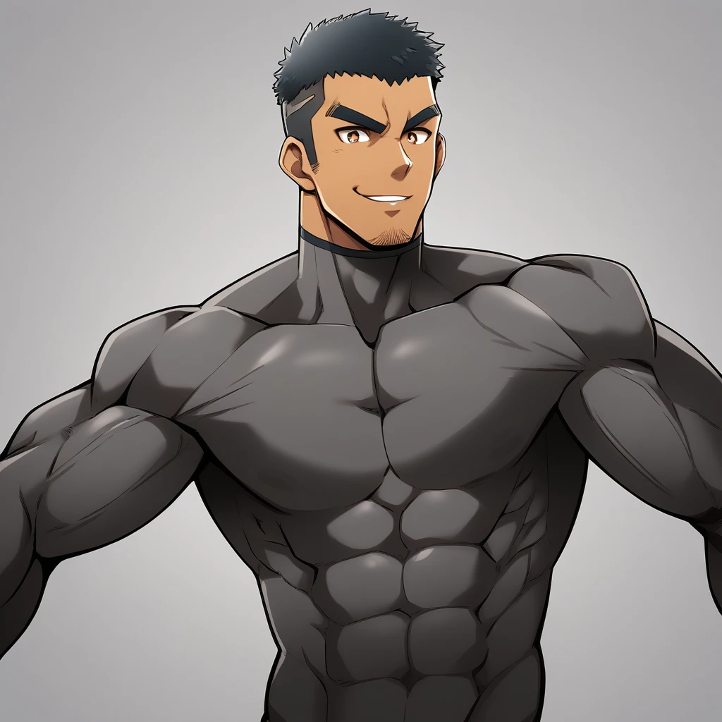 anime characters：Gyee, Muscle Sports Student, negro black skin, 1 dark skin muscular tough guy, Manliness, male focus, Brown long-sleeved high-neck fitness tights, Very tight, Round, full and perky chest muscles, Perfect waist line, Slightly transparent, muscular male, muscular, only, Upper body, alone, Black short hair, Thick eyebrows, stubble, Brown eyes, Grey background, simple background, amazing quality, best aesthetics, Ridiculous, bright pupils, crew cut, parted lips, seductive smile, torogao, naughty face, best quality