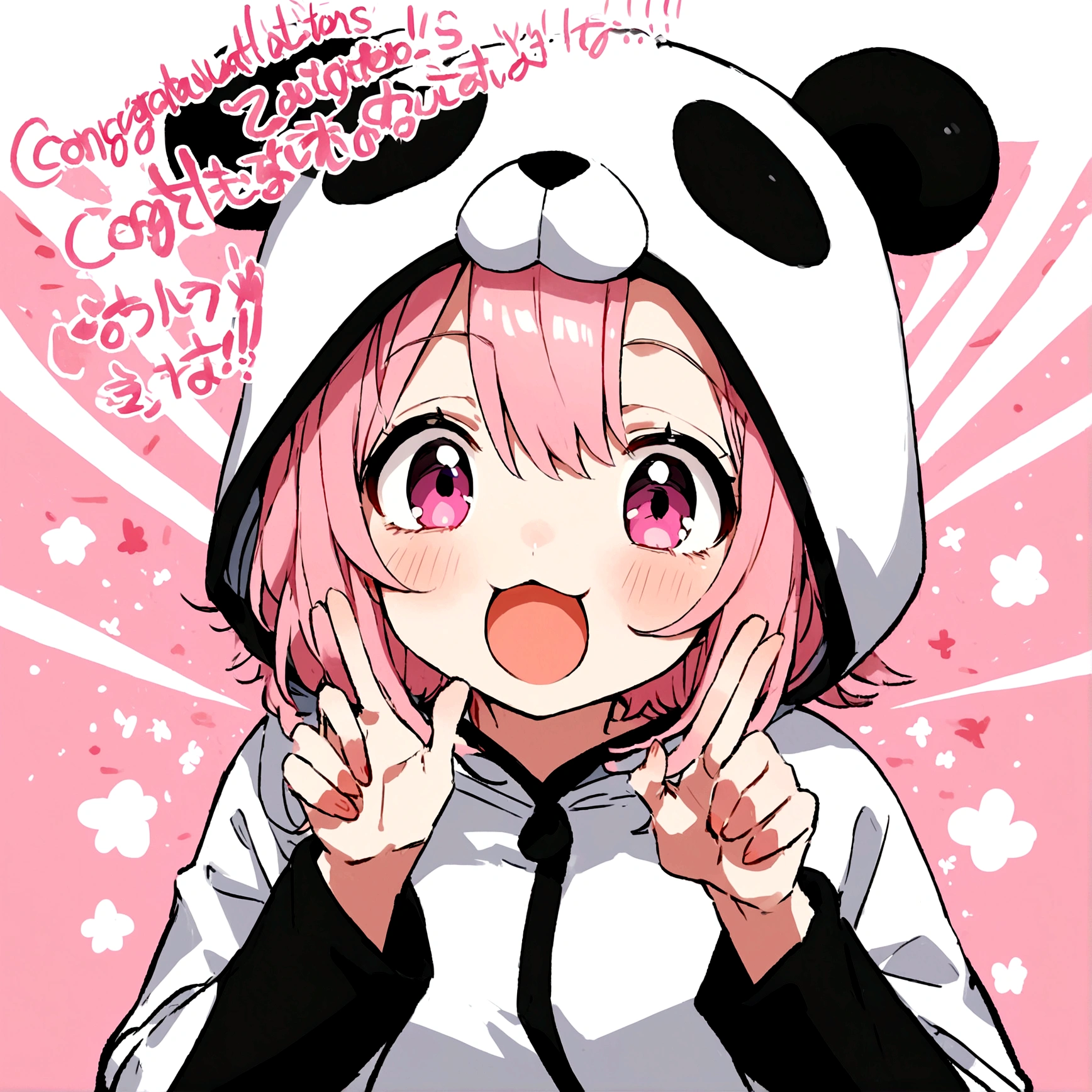 anime、Girl in panda costume、Pink Hair、Pink eyeballs under the eyes、Cute pose、Congratulations