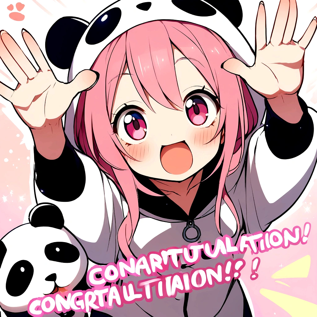 anime、Girl in panda costume、Pink Hair、Pink eyeballs under the eyes、Cute pose、Congratulations