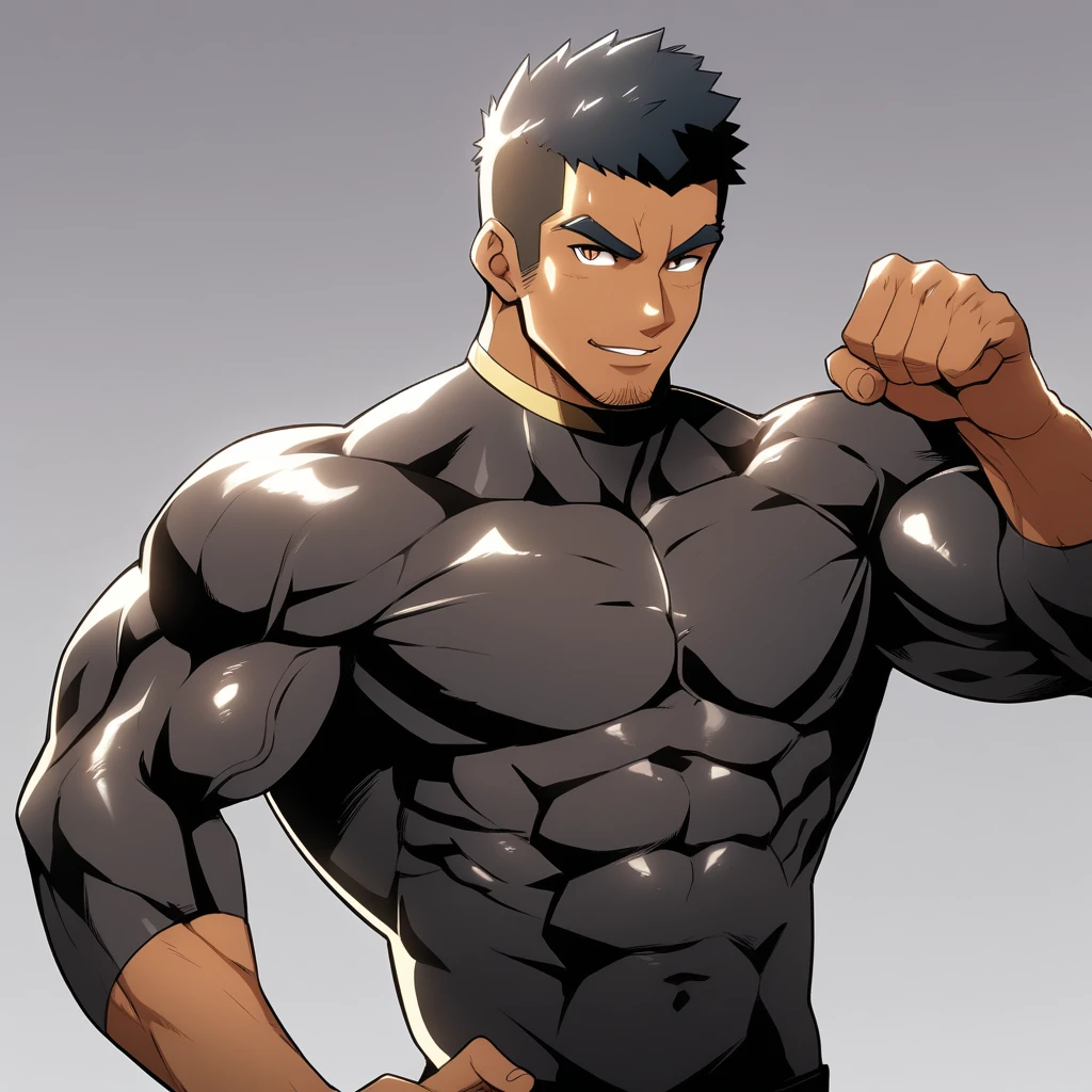 anime characters：Gyee, Muscle Sports Student, negro black skin, 1 dark skin muscular tough guy, Manliness, male focus, Brown long-sleeved high-neck fitness tights, Very tight, Round, full and perky chest muscles, Perfect waist line, Slightly transparent, muscular male, muscular, only, Upper body, alone, Black short hair, Thick eyebrows, stubble, Brown eyes, Grey background, simple background, amazing quality, best aesthetics, Ridiculous, bright pupils, crew cut, parted lips, seductive smile, torogao, naughty face, best quality