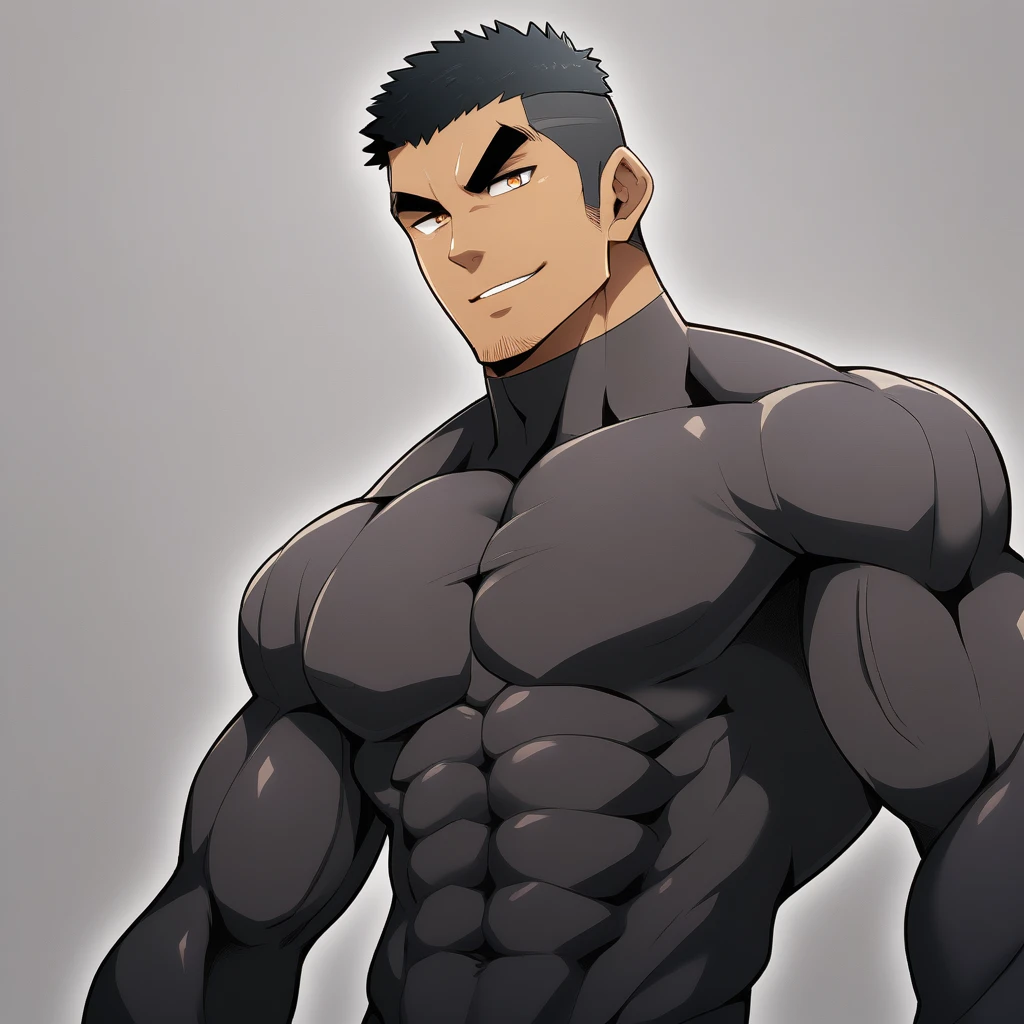 anime characters:Gyee, Muscle Sports Student, negro black skin, 1 dark skin muscular tough guy, Manliness, male focus, Brown long-sleeved high-neck fitness tights, Very tight, Round, full and perky chest muscles, Perfect waist line, Slightly transparent, muscular male, muscular, only, Upper body, alone, Black short hair, Thick eyebrows, stubble, Brown eyes, Grey background, simple background, amazing quality, best aesthetics, Ridiculous, bright pupils, crew cut, parted lips, seductive smile, torogao, naughty face, best quality