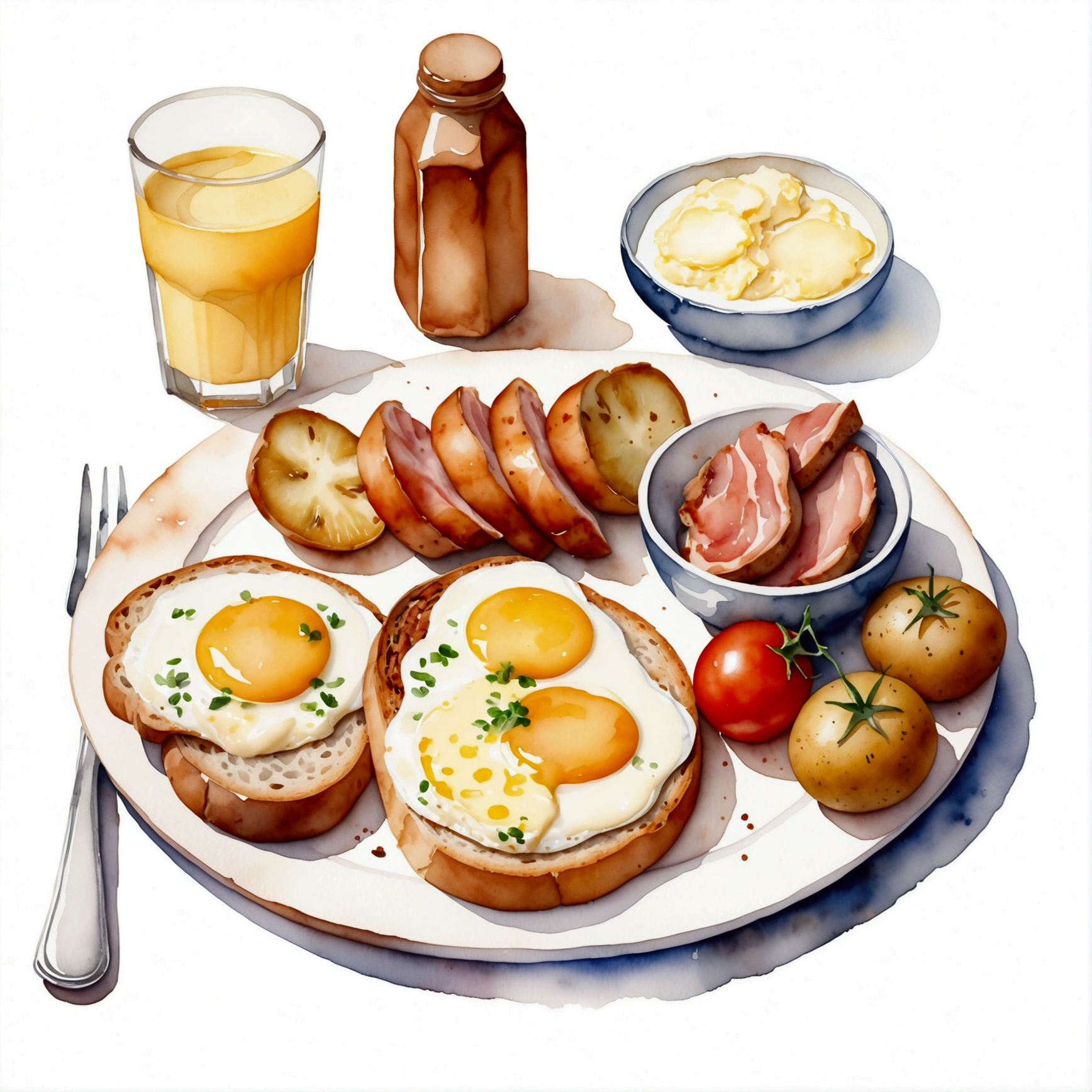 a very clean image painting of a full english breakfast meal, a scrambled egg, a bread, a slice of roasted meat, a glass of (milk) , a glass of (orange juice), two slices of tomatoes, a spoon, a dining fork, a butter knife, dining set, three slices of potatoes, ((watercolor)), solid white background, center composition, negative space around the object, washed out color, detailed masterpiece, loose drawing, clipart, vector art, illustration, a cup of (coffee)
