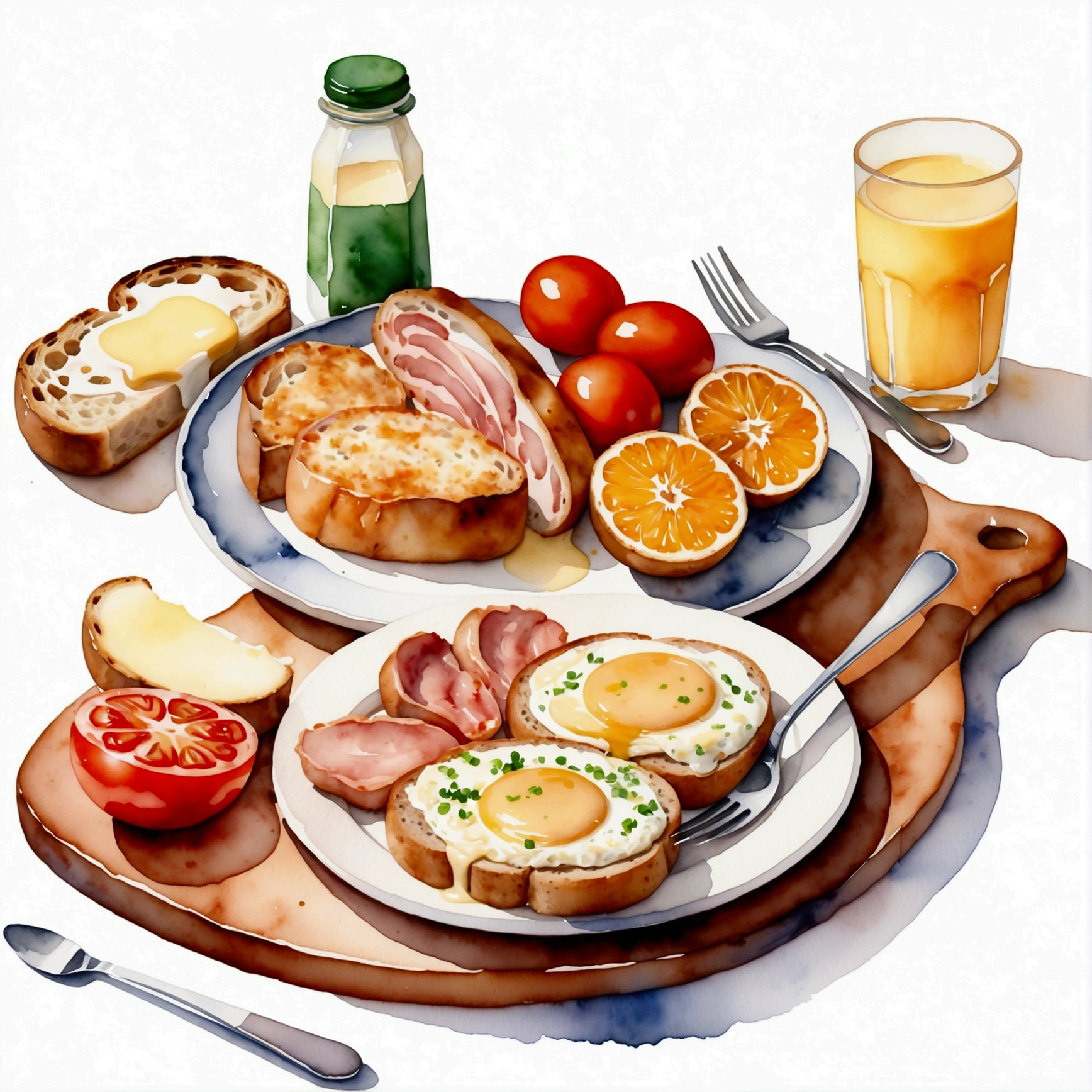 a very clean image painting of a full english breakfast meal, a scrambled egg, a bread, a slice of roasted meat, a glass of (milk) , a glass of (orange juice), two slices of tomatoes, a spoon, a dining fork, a butter knife, dining set, three slices of potatoes, ((watercolor)), solid white background, center composition, negative space around the object, washed out color, detailed masterpiece, loose drawing, clipart, vector art, illustration, a cup of (coffee)