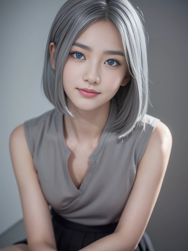 Hair ties, Falter, Long eyelashes, Round eyes, A light smile, Redness in the ears, tooth, Surrealism, Cast a Shadow, Anaglyph, Stereogram, tachi-e, throw, Atmospheric perspective, 8K, Super detailed, Accurate, 最high quality, Awards, 最high quality, High resolution, high quality, Every detailこだわった, Super detailed, Anatomically correct, 超High resolution, retina, masterpiece, Accurate，(blue eyes:1.2)、The most beautiful smile、(Gray Hair:1.5)、、short hair, (Original photo、最high quality)、(realism、Realistic:1.3)、最high quality、masterpiece、Very exquisite and beautiful、Very detailed的、Hmph、Sense of Solidarity、2k wallpaper、nice、Beautiful Face，Every detail、masterpiece、A faint smile、最high quality、Very detailedなUnity 8K壁紙、Large file size、Very detailedな、High resolution、Very detailed、1 female、slim、D Cup、(black tights:0.7)、(Pink Skirt:1.2)、Thinking Ahead、Clear focus、Face close-up、Pure Face_v1:0.8 short hair、Instagram、Audience&#39;Perspective、Selfie