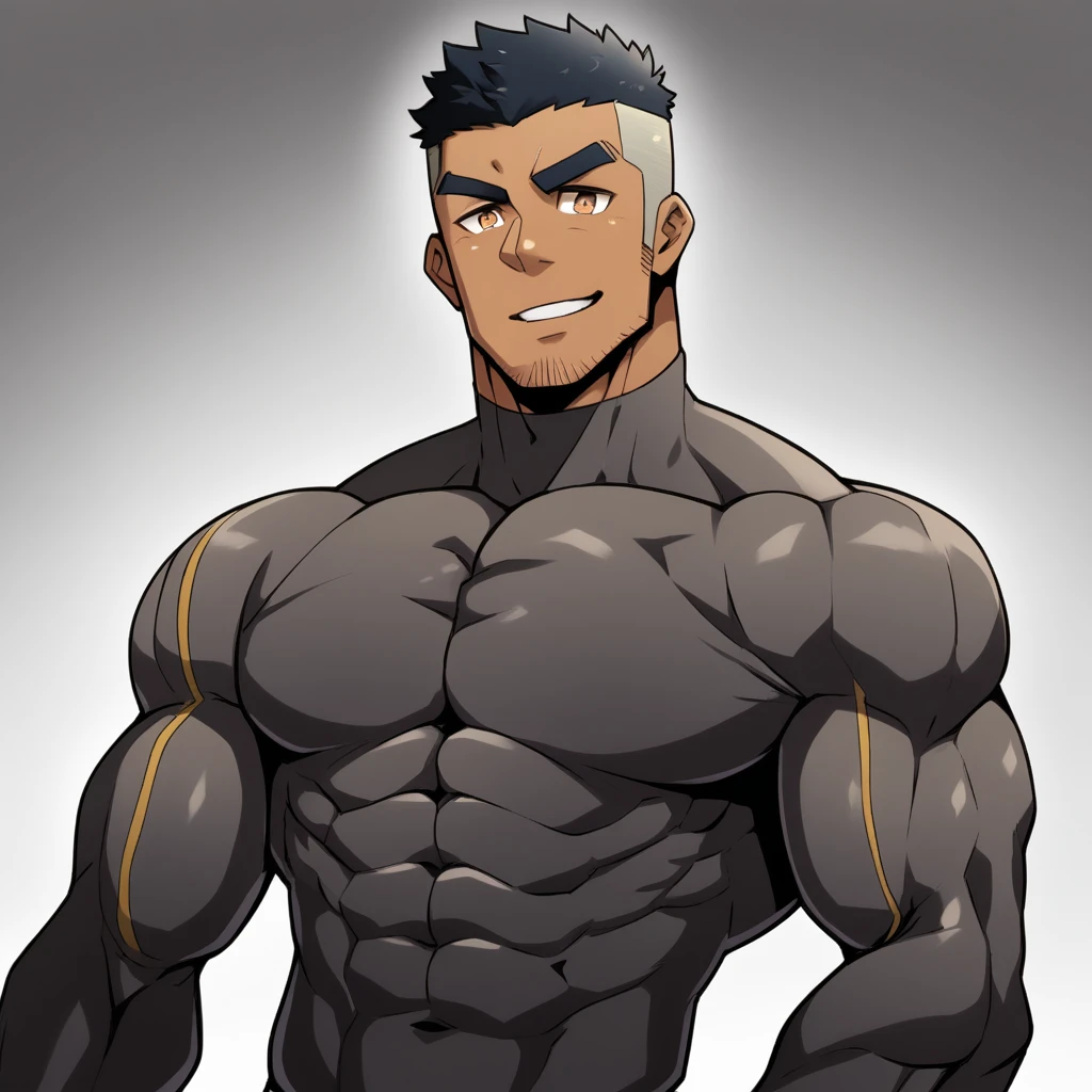 anime characters:Gyee, Muscle Sports Student, ????? black skin, 1 dark skin muscular tough guy, Manliness, male focus, Brown long-sleeved high-neck fitness tights, Very tight, Round, full and perky chest muscles, Perfect waist line, Slightly transparent, muscular male, muscular, only, Upper body, alone, Black short hair, Thick eyebrows, stubble, Brown eyes, Grey background, simple background, amazing quality, best aesthetics, Ridiculous, bright pupils, crew cut, parted lips, seductive smile, torogao, naughty face, best quality