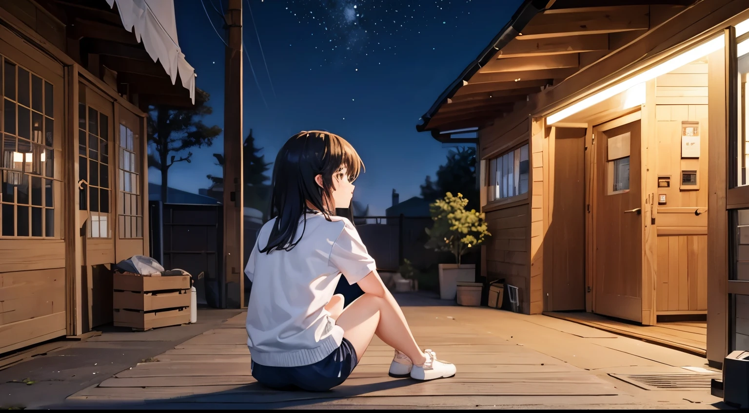 L"Makoto Shinkai style, anime girl sitting gymnastically in front of the latest white Alfa Romeo Giulia in a cozy garage at night (seen from behind), girl listening to music on headphones in a cozy garage at night, garage full of stuff, 2D animation style, 90s 90s animation aesthetic, lo-fi, high detail, with hard drive, mix of animation style and Fujifilm, hyperrealistic, 8K, masterpiece."
