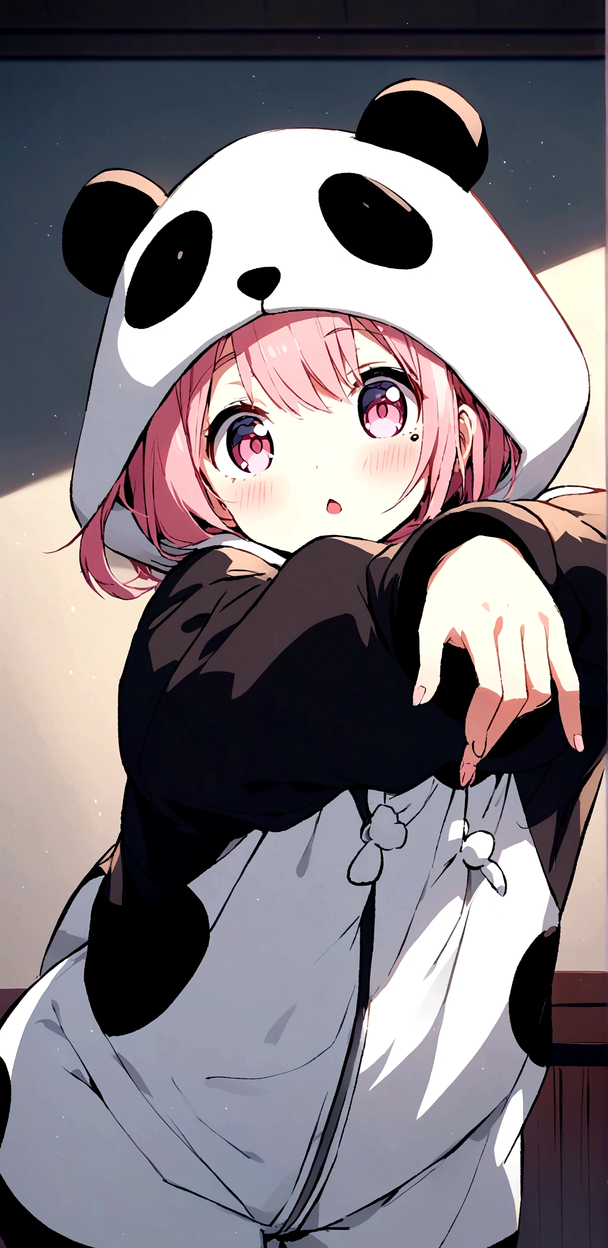 anime、Girl in panda costume、Pink Hair、Pink Eyeole under the eye、Cute pose