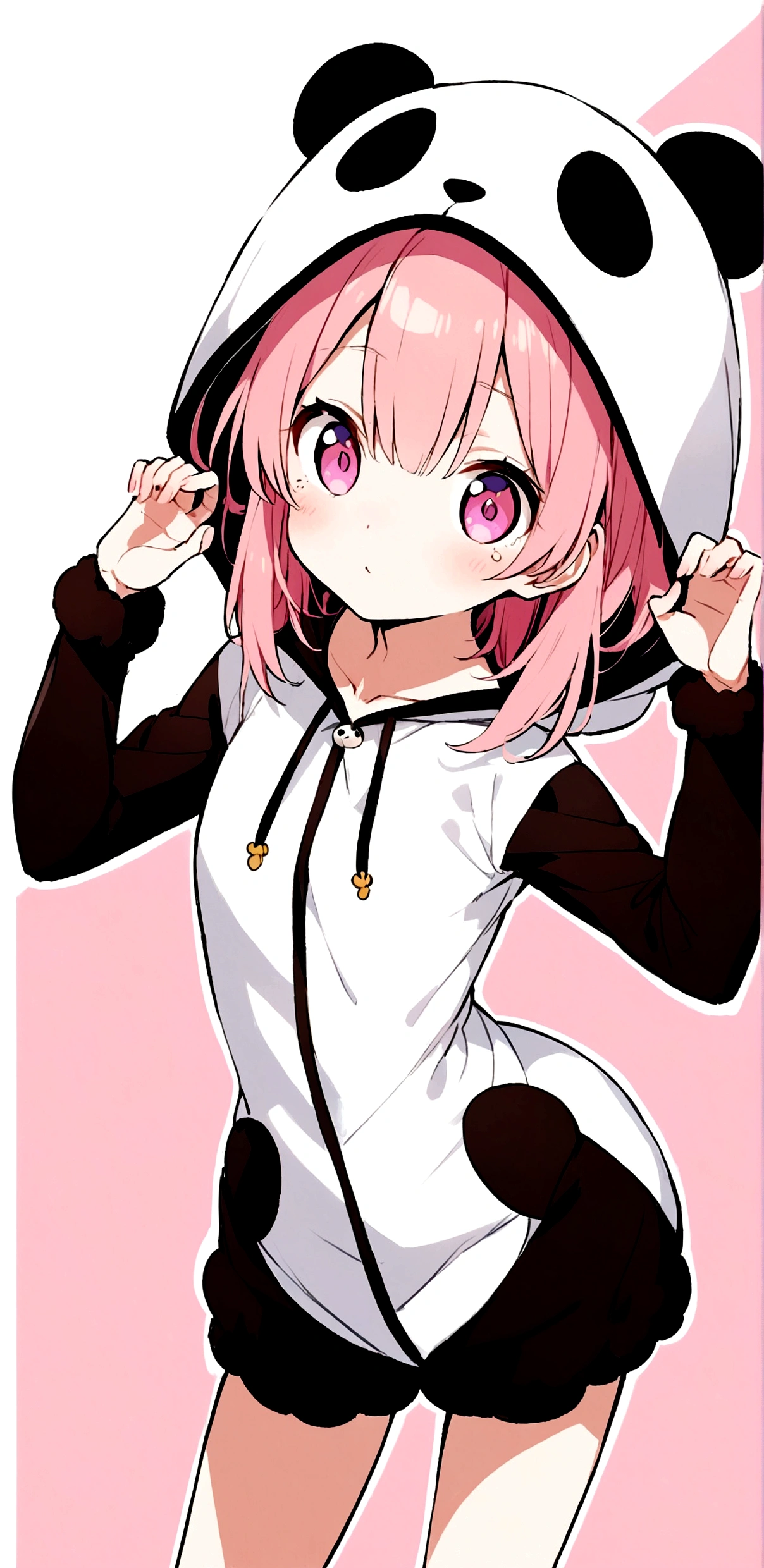 anime、Girl in panda costume、Pink Hair、Pink Eyeole under the eye、Cute pose
