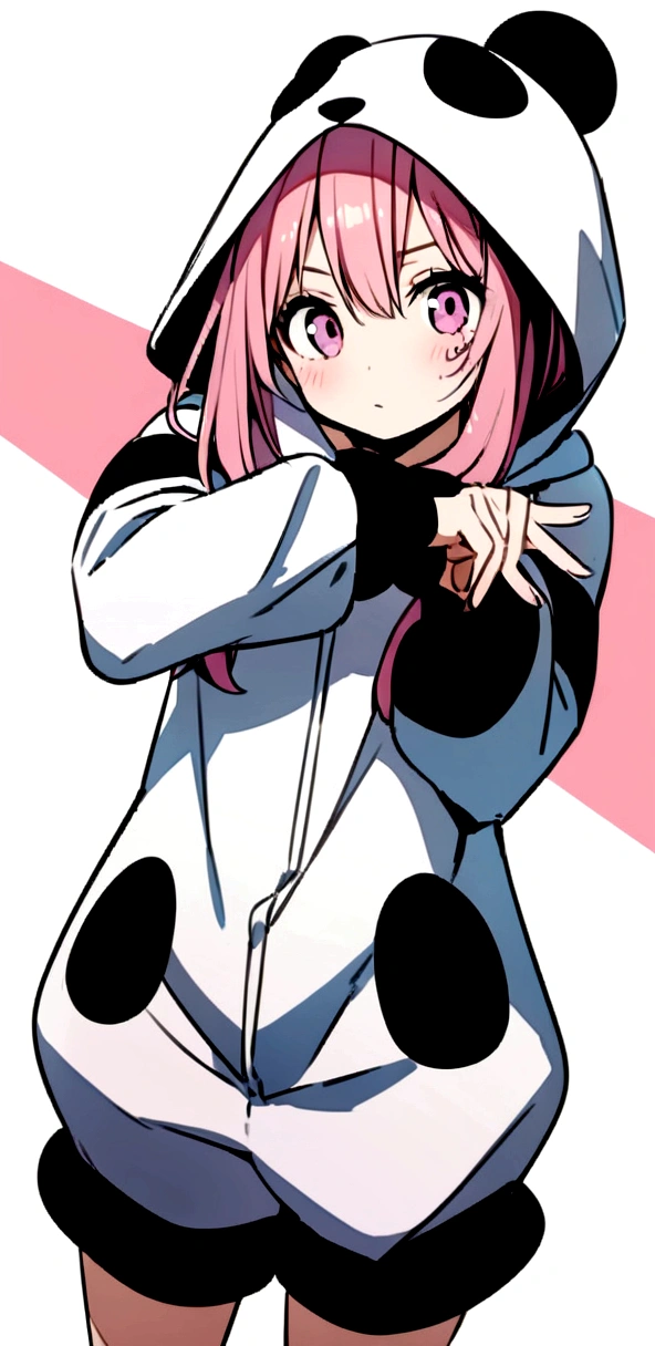 anime、Girl in panda costume、Pink Hair、Mole under the eye、Pink eyeball、Cute pose