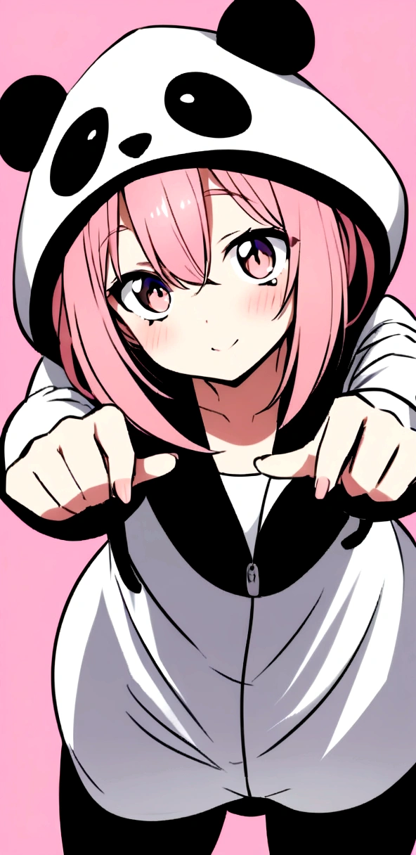 anime、Girl in panda costume、Pink Hair、Pink Eyeole under the eye、Cute pose