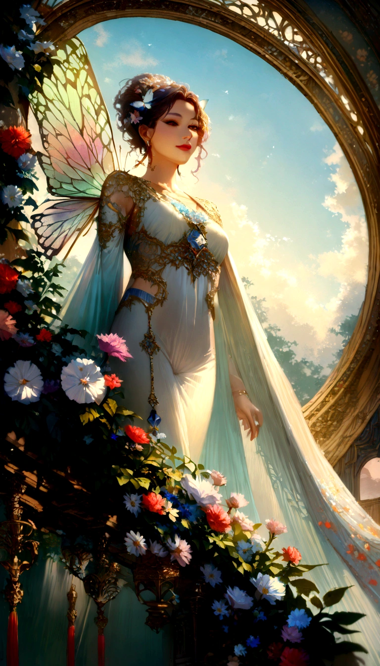 Moonlight,The arrival of spring, Mr.々Beautiful flowers
, A swallowtail butterfly with beautiful iridescent wings,View from below, 空から落ちてくるMr.々A gem, Amazingly beautiful scenery, Slightly hazy, wonderful, High resolution, 8K, (Highest quality, High resolution, Realistic:1.37), Shiny metallic flowers, Intricate and delicate petals, Reflective surface, Vibrant colors, Intricate details, Close-up view, 超Realisticな庭園, 超Realisticな美しさ, Dreamy atmosphere, Fine art, Abstract Plants, Metallic engraving, Contrasting Textures, Mysterious glow