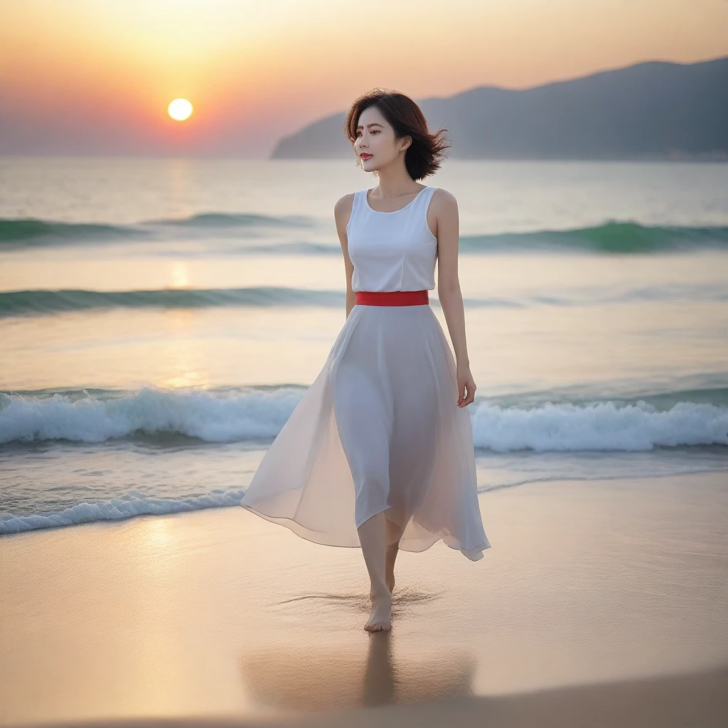 sunset red sun on the beach,A strong lingering scent is reflected in the sea., Beautiful 36-year-old short Korean woman, Chest size 34 inches, Wear sleeveless, light skirt. beautiful pretty woman look , wearing a light skirt , Go far into the sea water and dip your toes., Short medium hair blowing in the wind, 1 woman, beautiful eyes, a little smile, Full-body photo taken from afar with a wide-angle lens, The background is clean and perfect., the waves are coming.