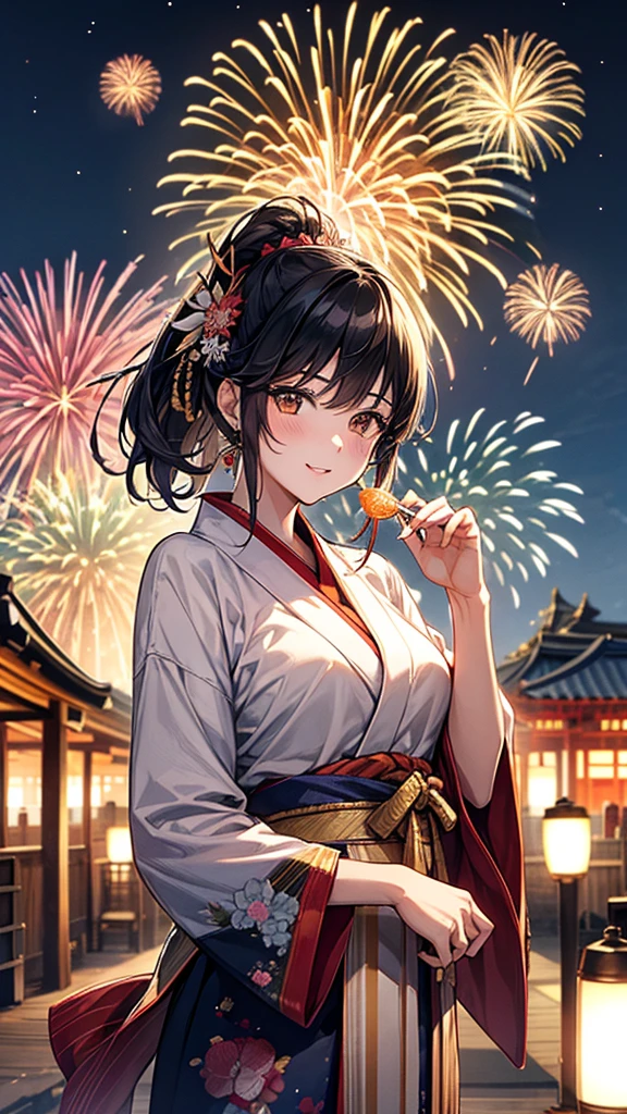 **background**:Festivals in the early Heisei period、A summer festival with night stalls and sparkling fireworks
**woman**:Upstyle、浴衣を着たwomanが、Enjoying goldfish scooping with friends