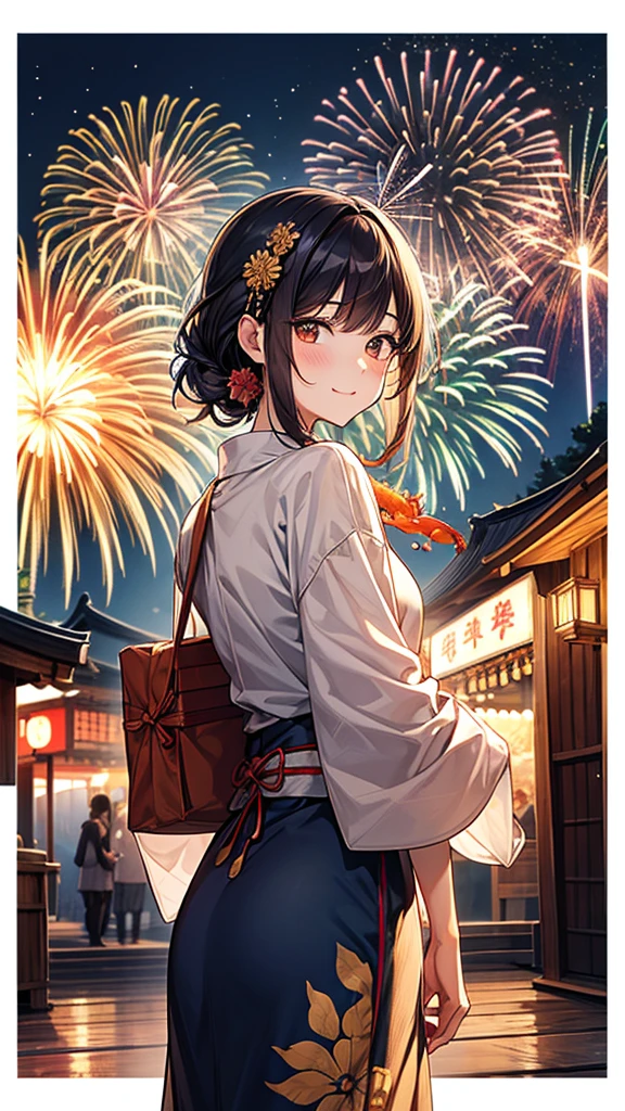 **background**：Festivals in the early Heisei period、A summer festival with night stalls and sparkling fireworks  
   **woman**：Upstyle、浴衣を着たwomanが、Enjoying goldfish scooping with friends