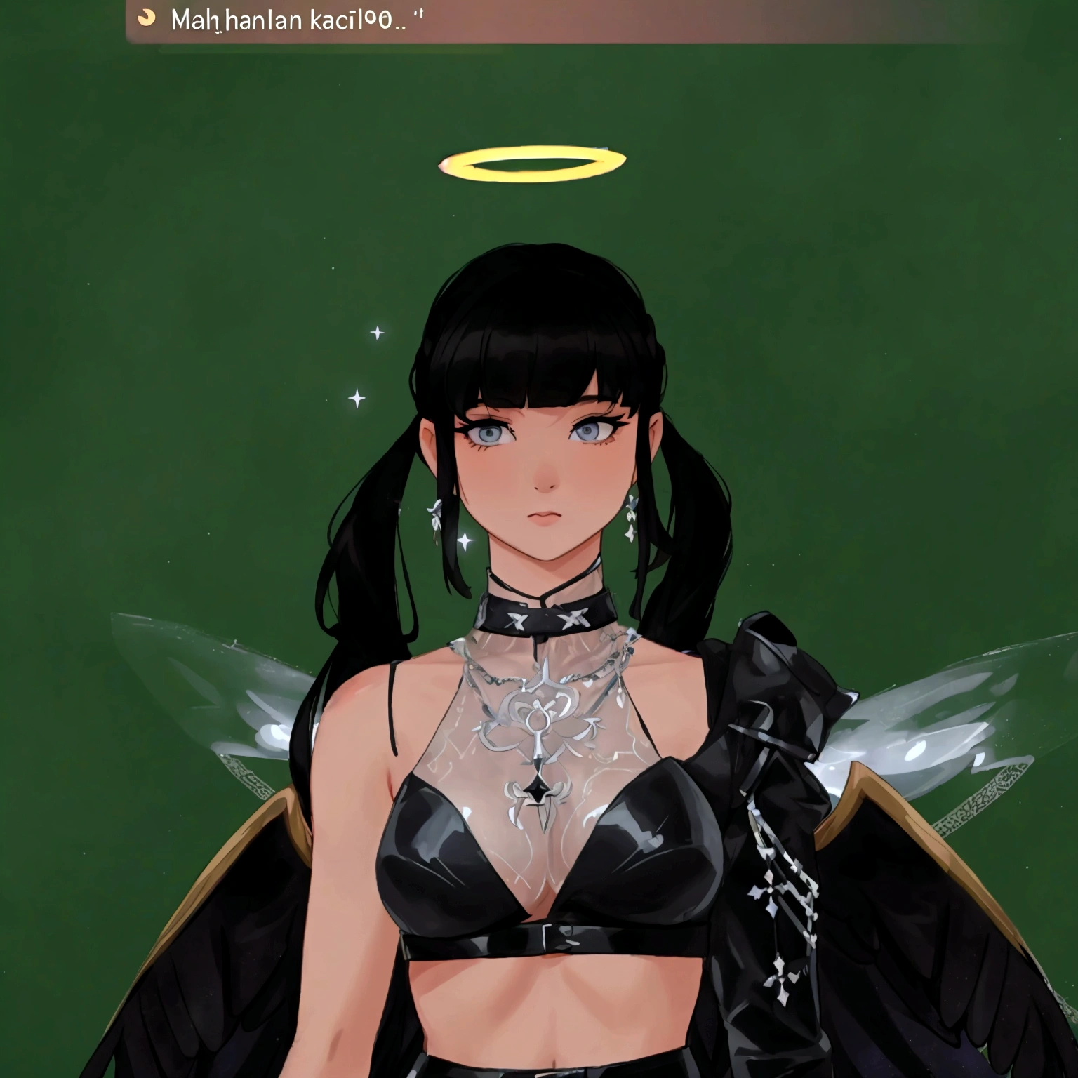 there is a woman in a black outfit with a halo on her head, wearing angel halo, angel halo, villainess has black angel wings, angelic halo, npc with a saint's halo, as a mystical valkyrie, wearing angel halo covered face, npc with a saint\'s halo, has black wings, second life avatar, imvu, holy halo