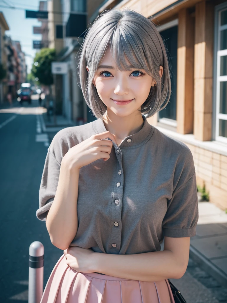 Hair ties, Falter, Long eyelashes, Round eyes, A light smile, Redness in the ears, tooth, Surrealism, Cast a Shadow, Anaglyph, Stereogram, tachi-e, throw, Atmospheric perspective, 8K, Super detailed, Accurate, 最high quality, Awards, 最high quality, High resolution, high quality, Every detailこだわった, Super detailed, Anatomically correct, 超High resolution, retina, masterpiece, Accurate,(blue eyes:1.2)、The most beautiful smile、(Gray Hair:1.5)、、short hair, (Original photo、最high quality)、(realism、Realistic:1.3)、最high quality、masterpiece、Very exquisite and beautiful、Very detailed的、Hmph、Sense of Solidarity、2k wallpaper、nice、Beautiful Face,Every detail、masterpiece、A faint smile、最high quality、Very detailedなUnity 8K壁紙、Large file size、Very detailedな、High resolution、Very detailed、1 female、slim、D Cup、(black tights:0.7)、(Pink Skirt:1.2)、Thinking Ahead、Clear focus、Face close-up、Pure Face_v1:0.8 short hair、Instagram、Audience'Perspective、Selfie