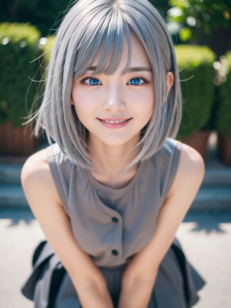 Hair ties, Falter, Long eyelashes, Round eyes, A light smile, Redness in the ears, tooth, Surrealism, Cast a Shadow, Anaglyph, Stereogram, tachi-e, throw, Atmospheric perspective, 8K, Super detailed, Accurate, 最high quality, Awards, 最high quality, High resolution, high quality, Every detailこだわった, Super detailed, Anatomically correct, 超High resolution, retina, masterpiece, Accurate,(blue eyes:1.2)、The most beautiful smile、(Gray Hair:1.5)、、short hair, (Original photo、最high quality)、(realism、Realistic:1.3)、最high quality、masterpiece、Very exquisite and beautiful、Very detailed的、Hmph、Sense of Solidarity、2k wallpaper、nice、Beautiful Face,Every detail、masterpiece、A faint smile、最high quality、Very detailedなUnity 8K壁紙、Large file size、Very detailedな、High resolution、Very detailed、1 female、slim、D Cup、(black tights:0.7)、(Pink Skirt:1.2)、Thinking Ahead、Clear focus、Face close-up、Pure Face_v1:0.8 short hair、Instagram、Audience'Perspective、Selfie