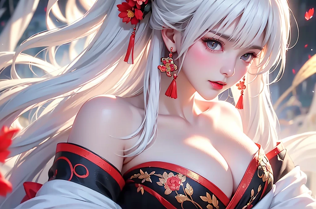 super high quality, masterpiece, Perfect illustration, Very detailed、8k wallpaper, Very detailed (Exquisite light and shadow, Very dramatic photo,Backlight) , ((white hair:1.5))1 Girl, (alone:1.5), (Wearing classic Hanfu, Royalty、Black and red Hanfu,Thick fabric,Long sleeve) Flower Field, Flowers, (White smoke:1.3) (Realistic:1.4), (Dynamic Angle: 1.4), Glowing Skin, (Floating colorful flashes: 1) The most beautiful chaotic shapes, elegant, Brutalist Design, Bright colors, Romantic Depth of Field Exotic_dance, half_naked、((Off the shoulder、Medium Chest、Beautiful cleavage、Touching lips))