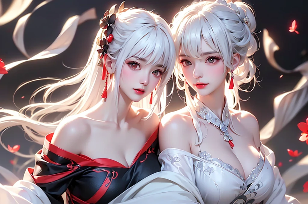super high quality, masterpiece, Perfect illustration, Very detailed、8k wallpaper, Very detailed (Exquisite light and shadow, Very dramatic photo,Backlight) , ((white hair:1.5))1 Girl, (alone:1.5), (Wearing classic Hanfu, Royalty、Black and red Hanfu,Thick fabric,Long sleeve) Flower Field, Flowers, (White smoke:1.3) (Realistic:1.4), (Dynamic Angle: 1.4), Glowing Skin, (Floating colorful flashes: 1) The most beautiful chaotic shapes, elegant, Brutalist Design, Bright colors, Romantic Depth of Field Exotic_dance, half_naked、((Off the shoulder、Medium Chest、Beautiful cleavage、Touching lips))