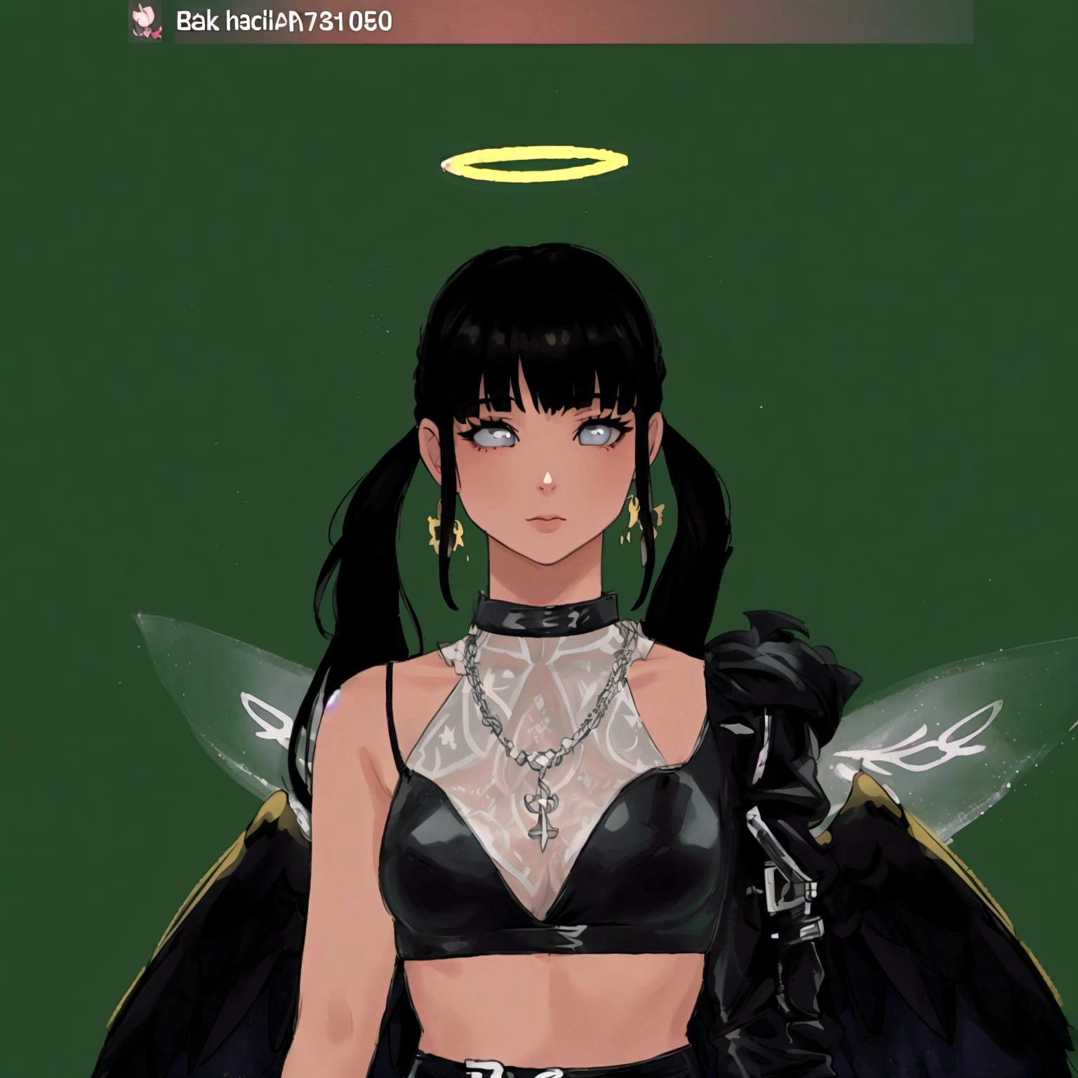 there is a woman in a black outfit with a halo on her head, wearing angel halo, angel halo, villainess has black angel wings, angelic halo, npc with a saint's halo, as a mystical valkyrie, wearing angel halo covered face, npc with a saint\'s halo, has black wings, second life avatar, imvu, holy halo