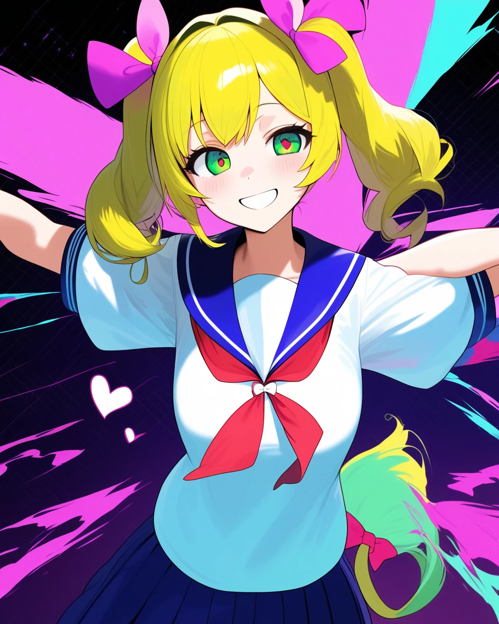 masterpiece,Highest quality,One girl, 一人in, Quad_tail, bow, green_eye, hair_bow, pink_hair, green_hair, Multicolor_hair, Glitch, Looking_in_Audience, School_uniform, smile, length_hair, upper_body, blonde_hair, Seraphim, Sailor_collar, multiple_hair_bows, heart