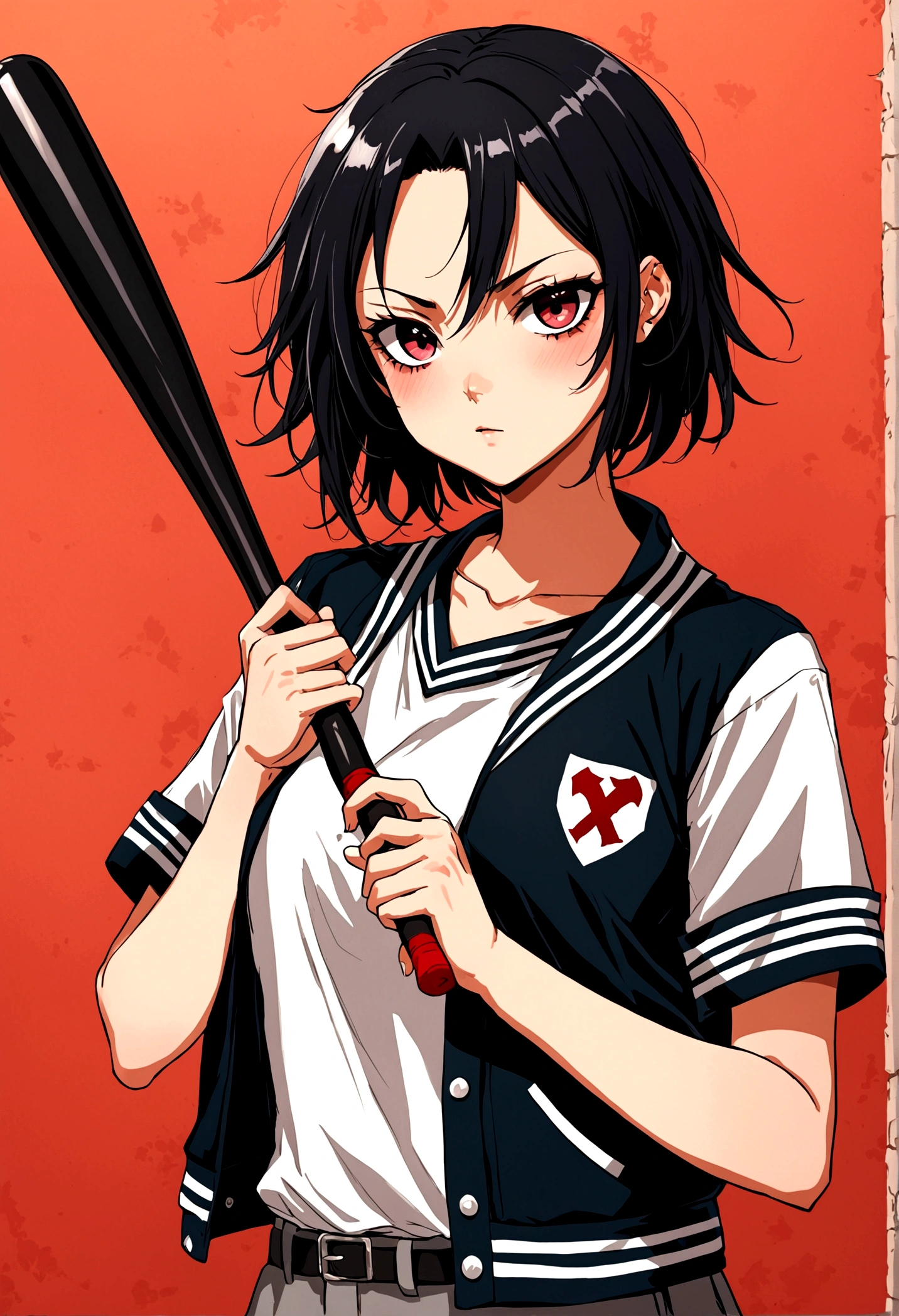 teenage woman, high school, delinquen, yandere and tomboyish, delinquent leader, has a cool and charming gaze, holding a baseball bat