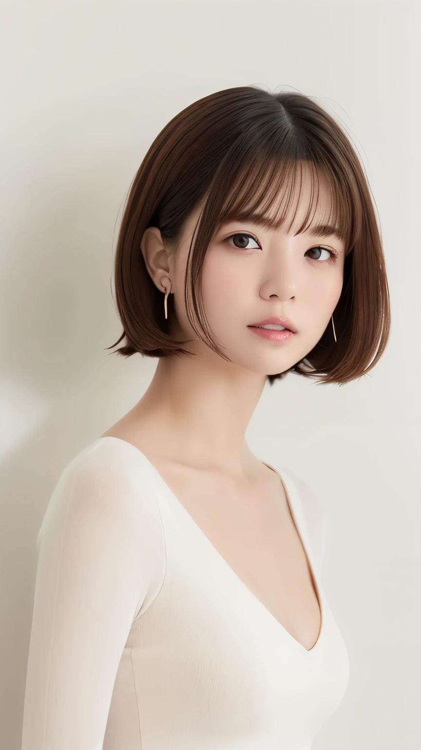 Portraiture、masterpiece:1.3、One Girl、、Natural look、very cute、Brown Hair、Short Bob、small red earrings、Fuller lips、No makeup、White T-shirt、Focus on the face、最high quality、High resolution、Very detailed、high quality、Detailed explanation、8k、(((Blurred Background、White wall、White Background、White world、Flower Illustration、Flower Illustrationの壁、壁にFlower Illustration、Flower Illustrationが描いてある壁、Photo Studio:1.5、Cinema Lighting、Professional Photographer)))