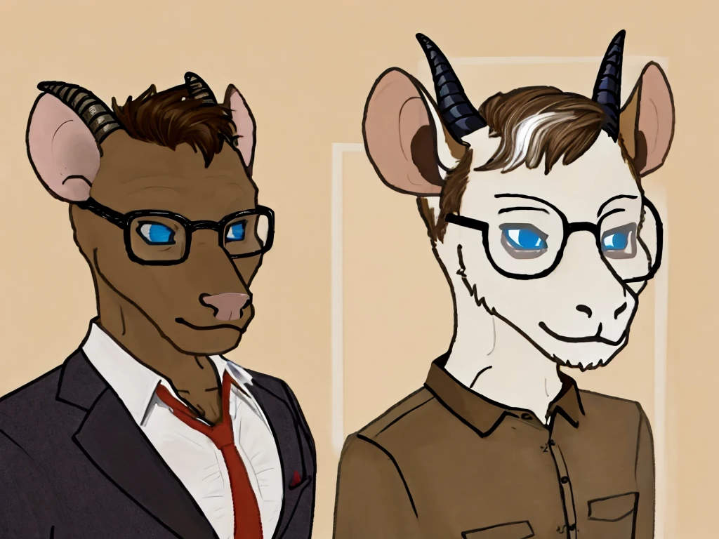 male, furry, goat-rat hybrid, ((goat horns)), mouse ears, ((light brown colored fur with white highlights)), (brown hair), blue eyes, mouse tail, adult, handsome, mature, (slim build),black wire glasses, wearing dress shirt, wojak