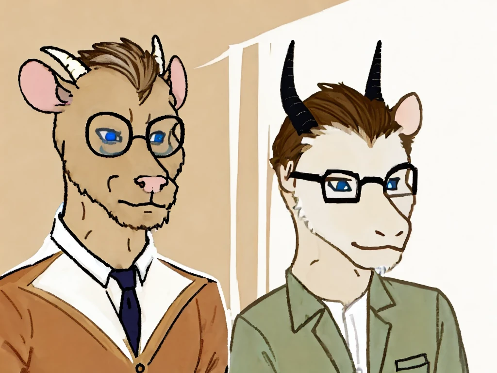 male, furry, goat-rat hybrid, ((goat horns)), mouse ears, ((light brown colored fur with white highlights)), (brown hair), blue eyes, mouse tail, adult, handsome, mature, (slim build),black wire glasses, wearing dress shirt, wojak