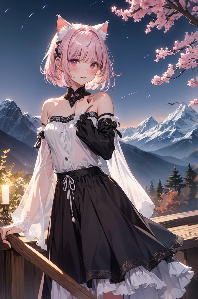 beautiful details한 소녀, clear and beautiful, glowing skin, female, no, young, 20 years, Short hair, Short hair, silver hair, ((turkish costume, white and pink )) beautiful details, warm face, beautiful and delicate eyes, middle 가슴, brown eyes, real skin texture, Very nice 8KCG wallpaper, Very cool 8K CG wallpaper, Watercolor (middle), female warrior, (((cat ears))), (((dark, dark Night, midnight))) (((nature background, mountain, wood))), ((outdoors)), upper body cut, holding a sword in his hand, The costume is white