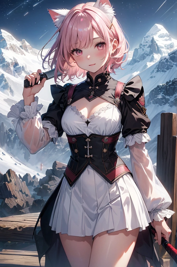 beautiful details한 소녀, clear and beautiful, glowing skin, female, no, young, 20 years, Short hair, Short hair, silver hair, ((turkish costume, white and pink )) beautiful details, warm face, beautiful and delicate eyes, middle 가슴, brown eyes, real skin texture, Very nice 8KCG wallpaper, Very cool 8K CG wallpaper, Watercolor (middle), female warrior, (((cat ears))), (((dark, dark Night, midnight))) (((nature background, mountain, wood))), ((outdoors)), upper body cut, holding a sword in his hand, The costume is white
